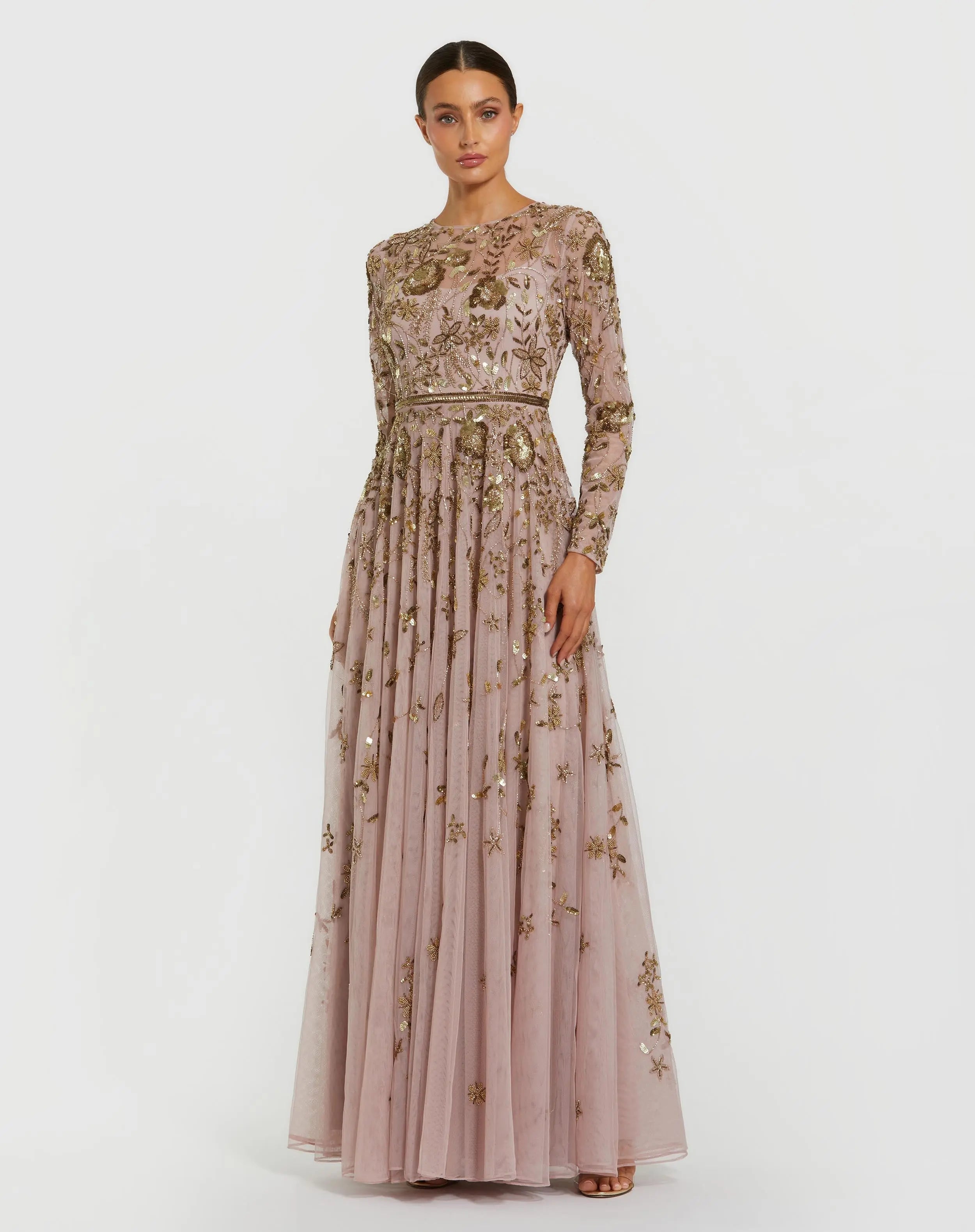 Light Purple Long Sleeve Hand Embellished Floral A-line Gown - Mac Duggal