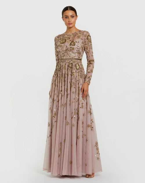 Light Purple Long Sleeve Hand Embellished Floral A-line Gown - Mac Duggal