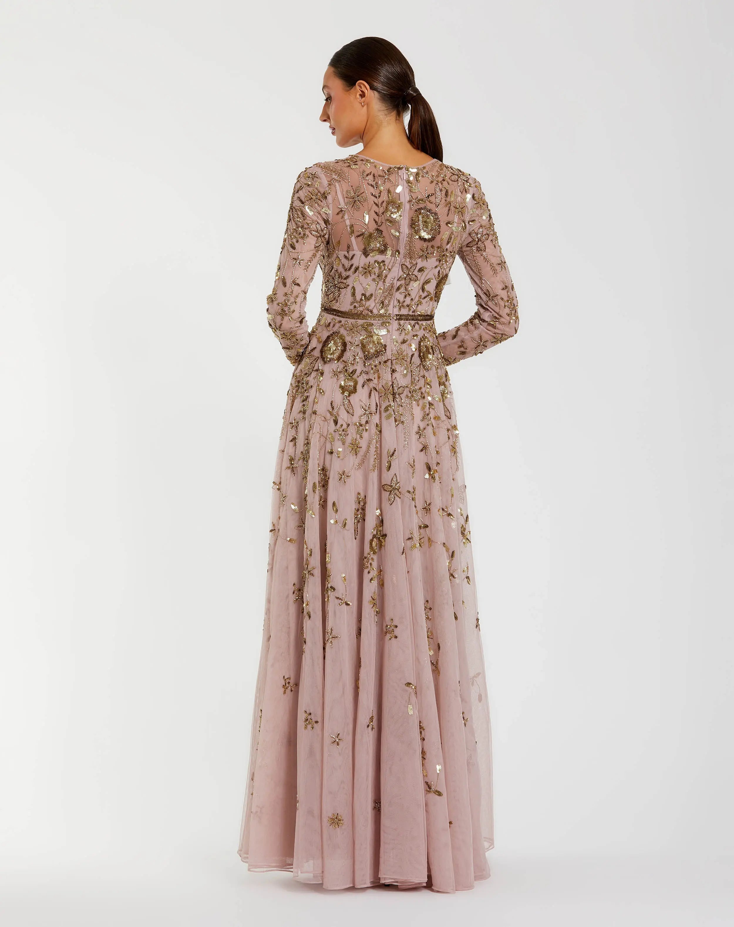 Light Purple Long Sleeve Hand Embellished Floral A-line Gown - Mac Duggal