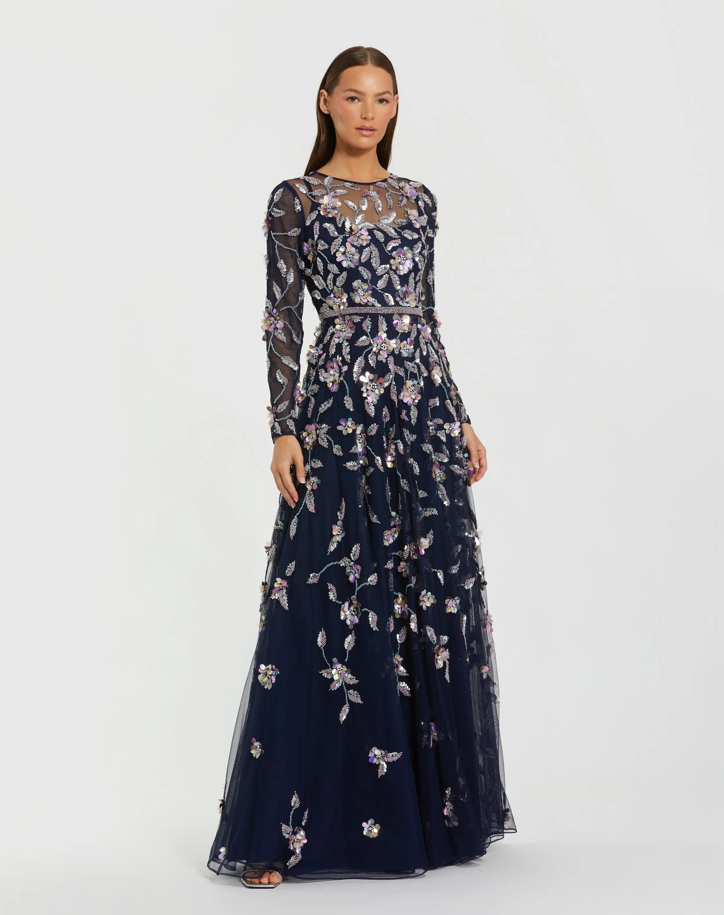 Navy Long Sleeve Floral Embellished Gown - Mac Duggal