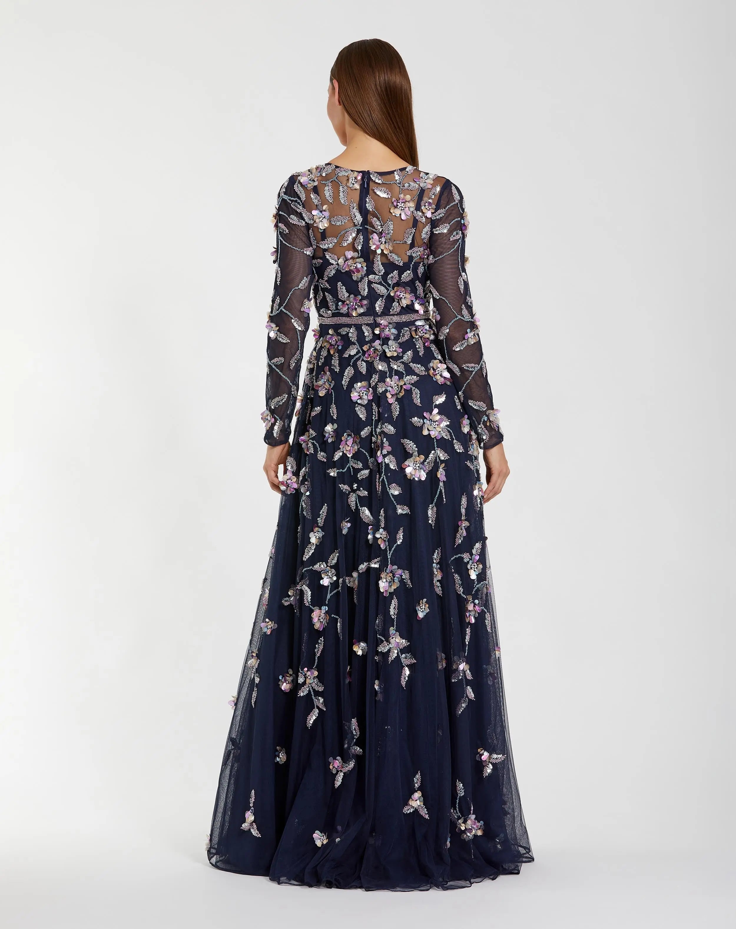 Navy Long Sleeve Floral Embellished Gown - Mac Duggal
