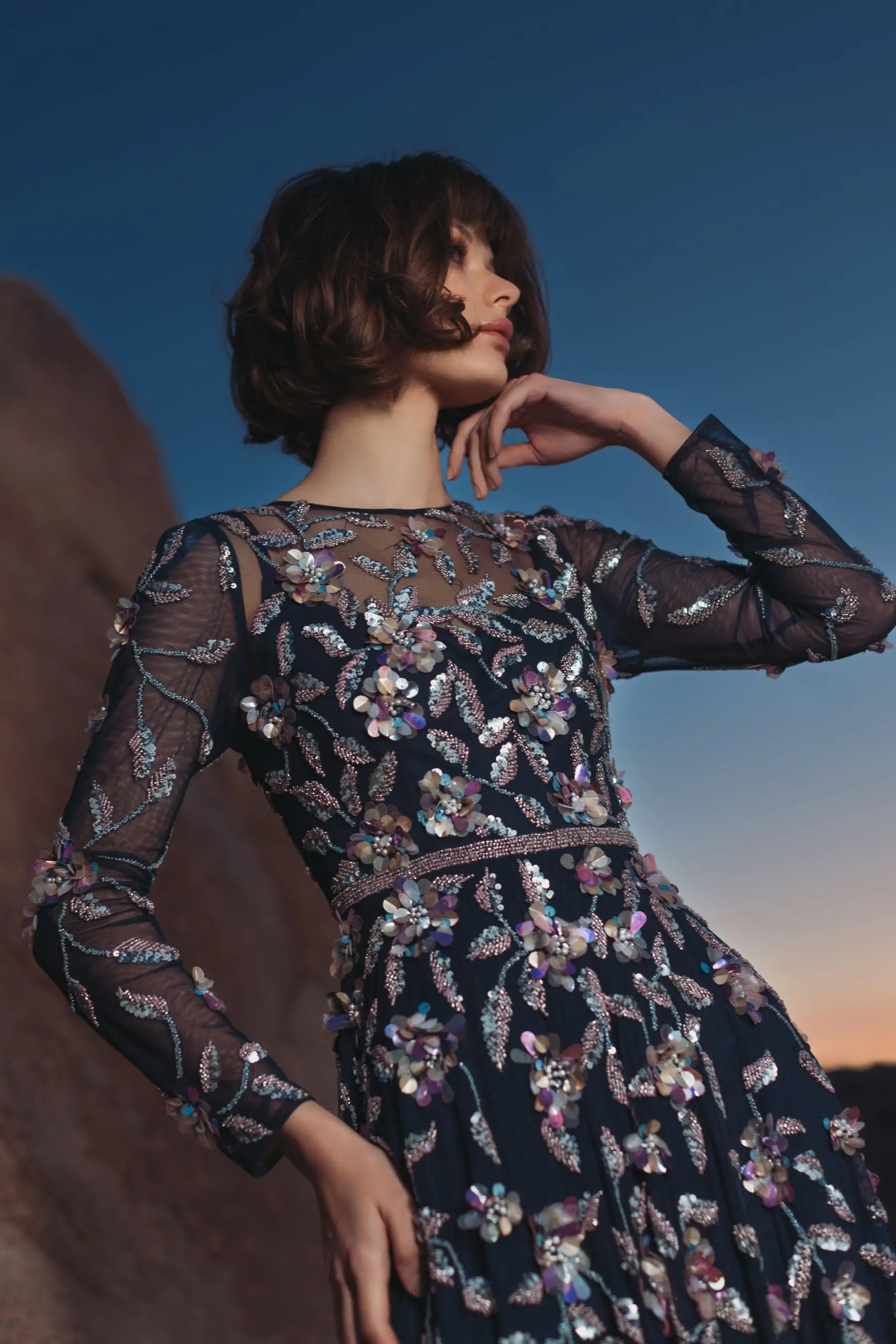 Navy Long Sleeve Floral Embellished Evening Gown | Mac Duggal Navy Long Sleeve Floral Embellished Evening Gown | Mac Duggal