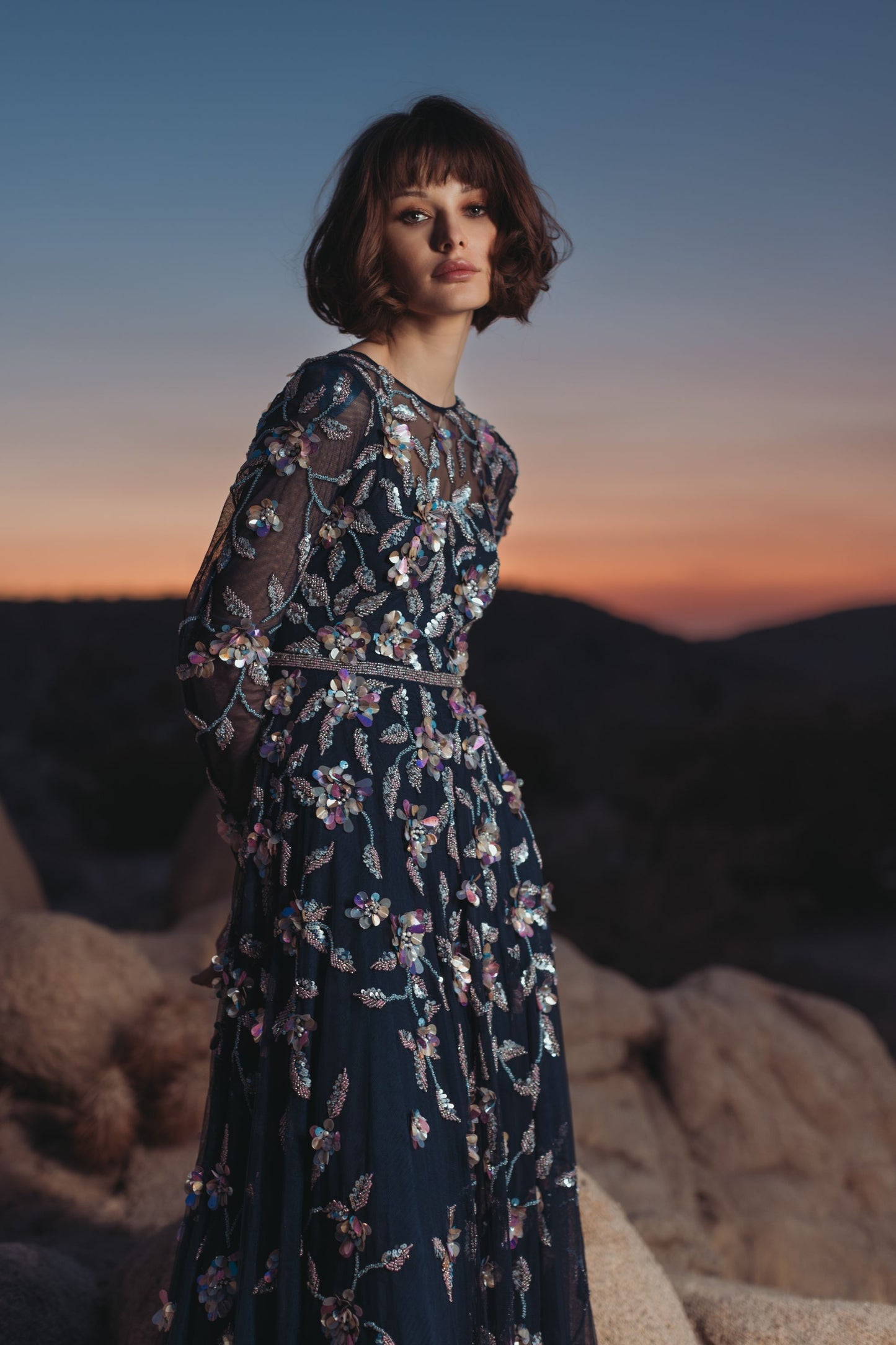 Navy Long Sleeve Floral Embellished Gown - Mac Duggal