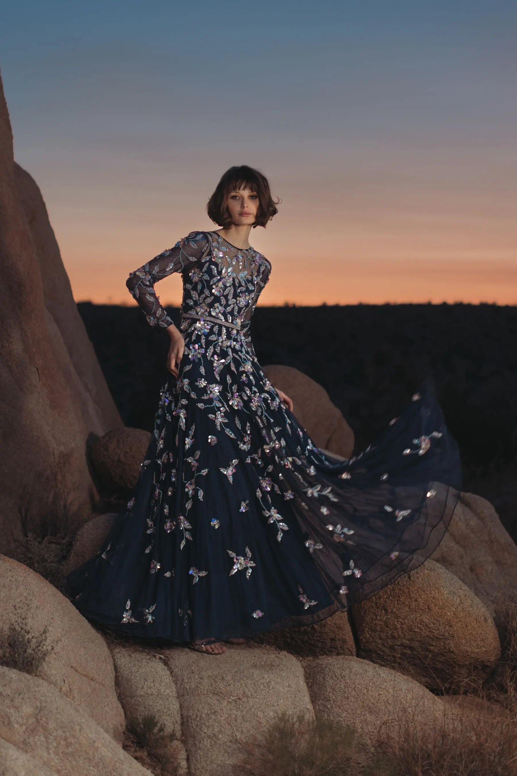 Navy Long Sleeve Floral Embellished Evening Gown | Mac Duggal Navy Long Sleeve Floral Embellished Evening Gown | Mac Duggal