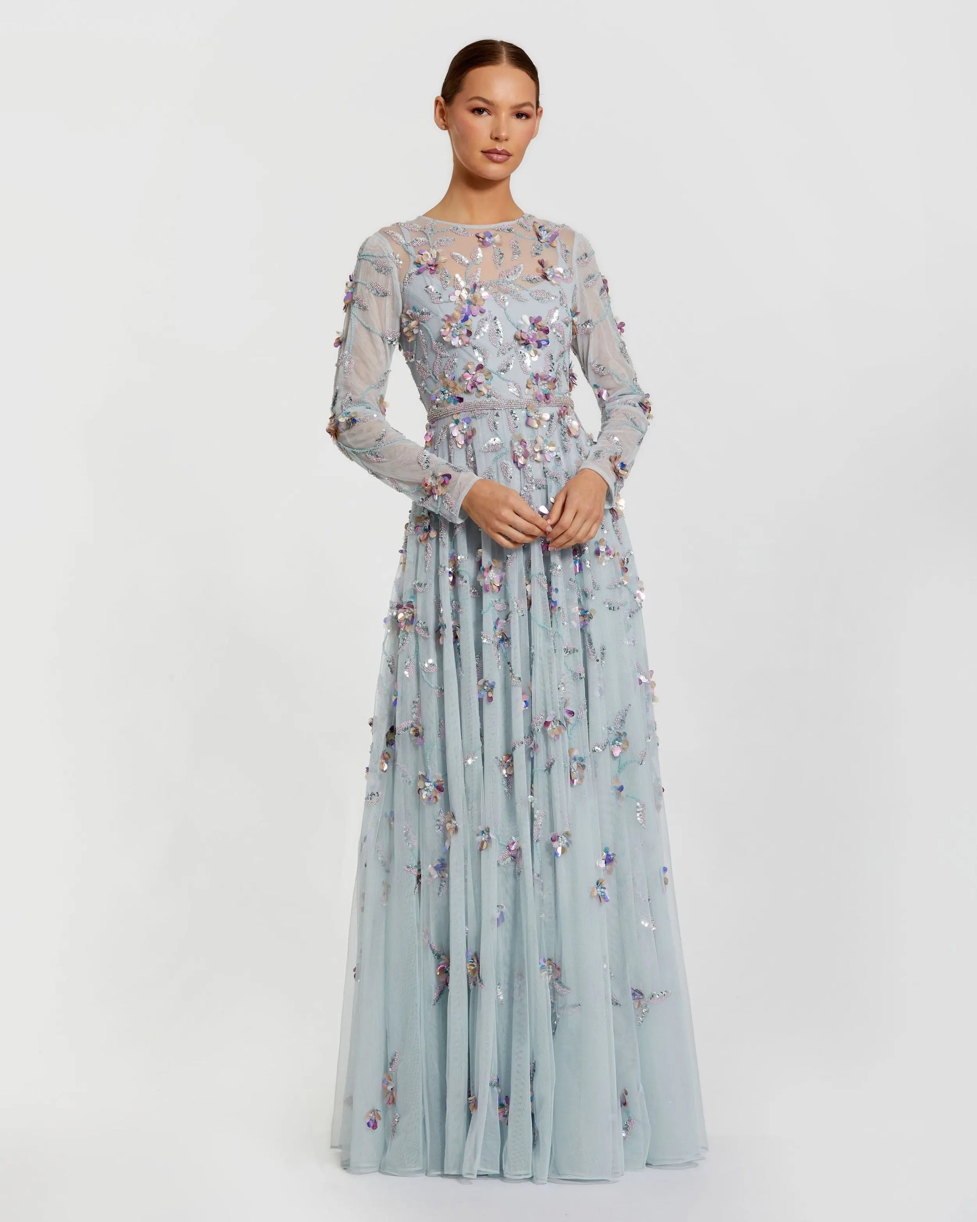 mac duggal floral dress long sleeve Mac Duggal 67946 Long Sleeve Floral Chiffon Dress