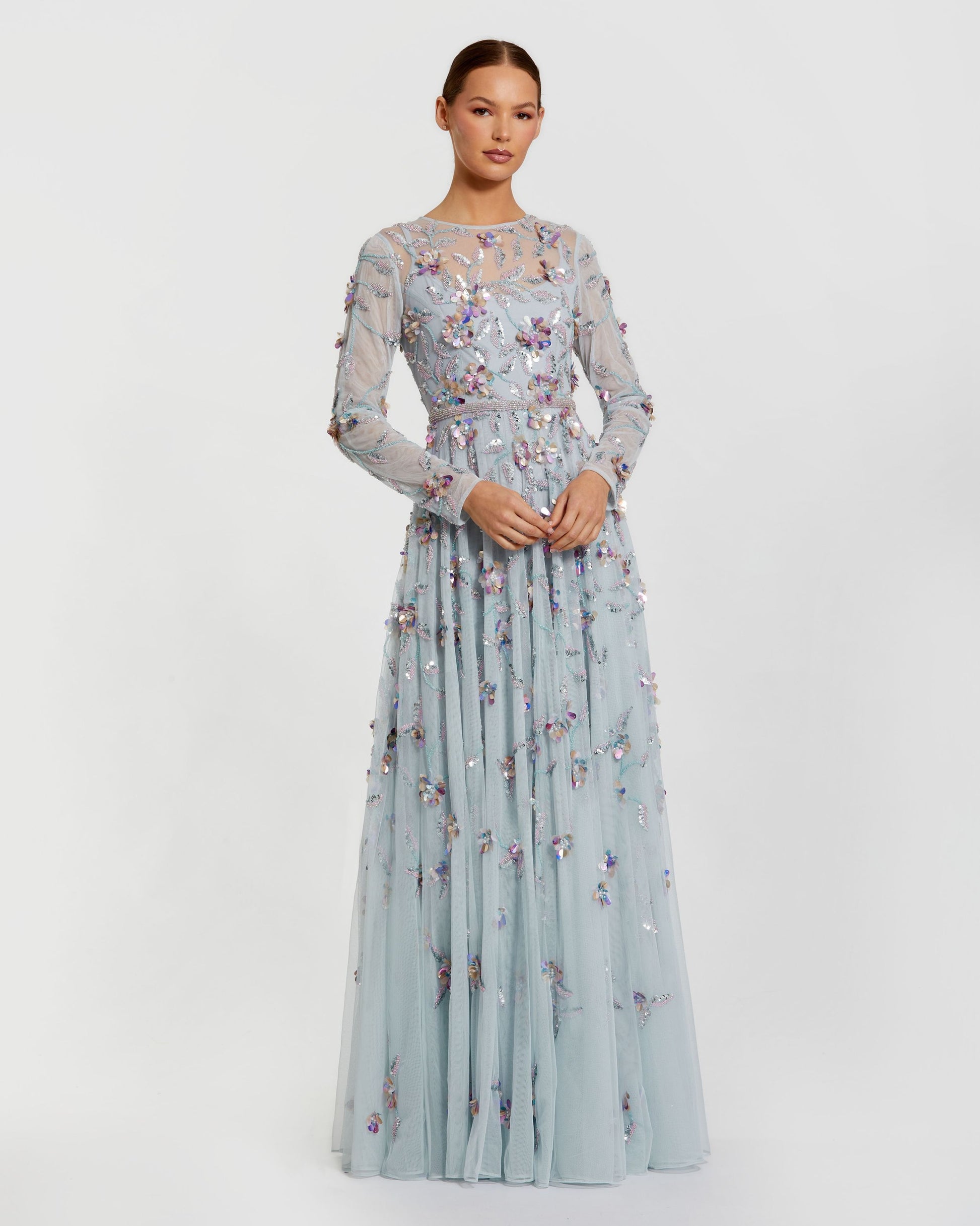 Light Blue Long Sleeve Floral Embellished Evening Gown Mac Duggal