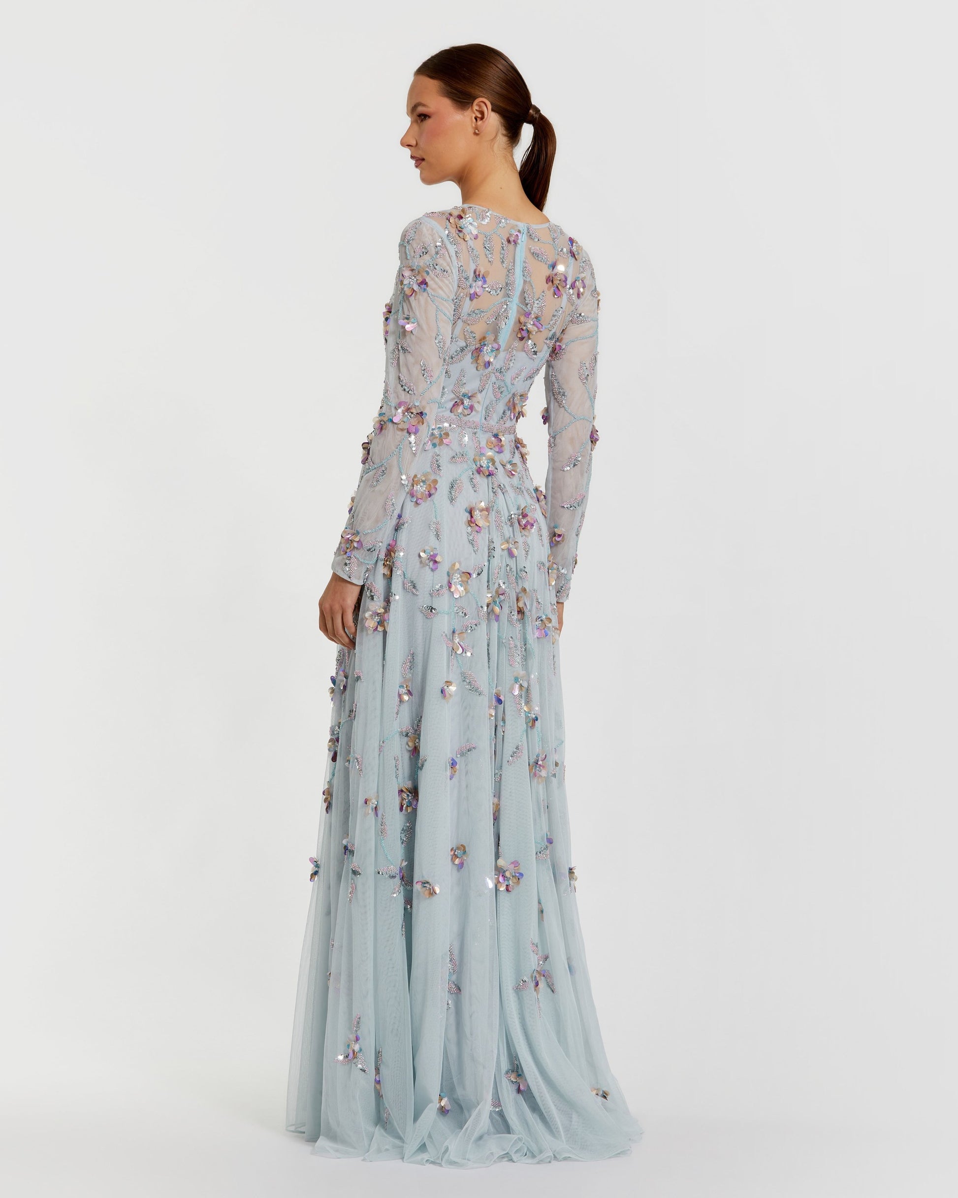 Light Blue Long Sleeve Floral Embellished Evening Gown Mac Duggal