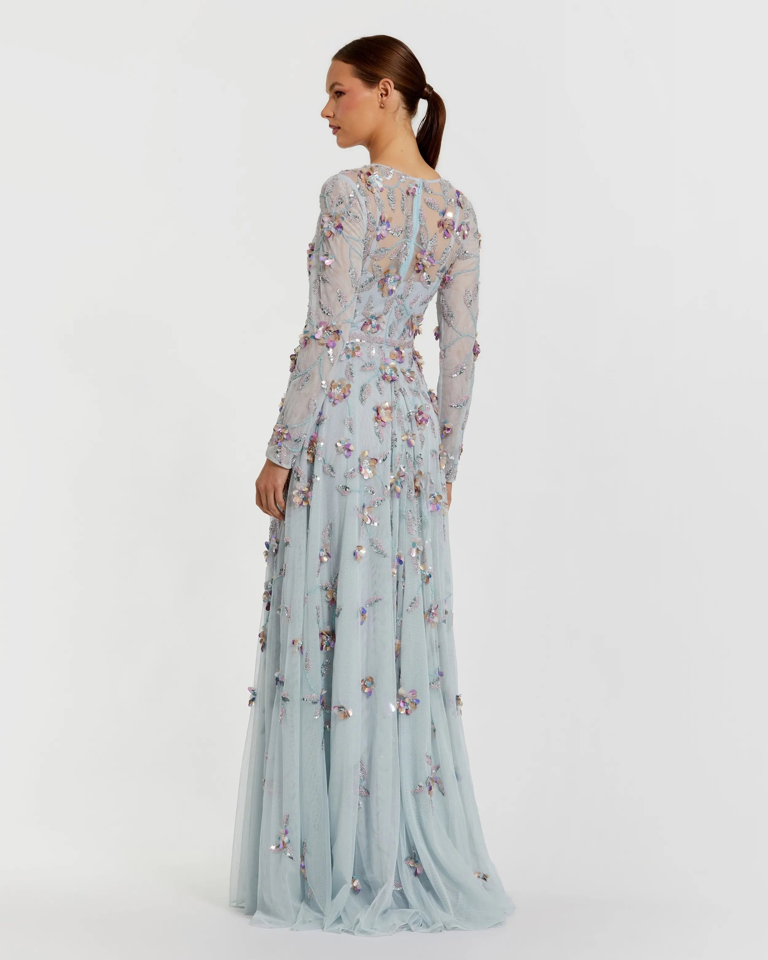 Light Blue Long Sleeve Floral Embellished Evening Gown Mac Duggal