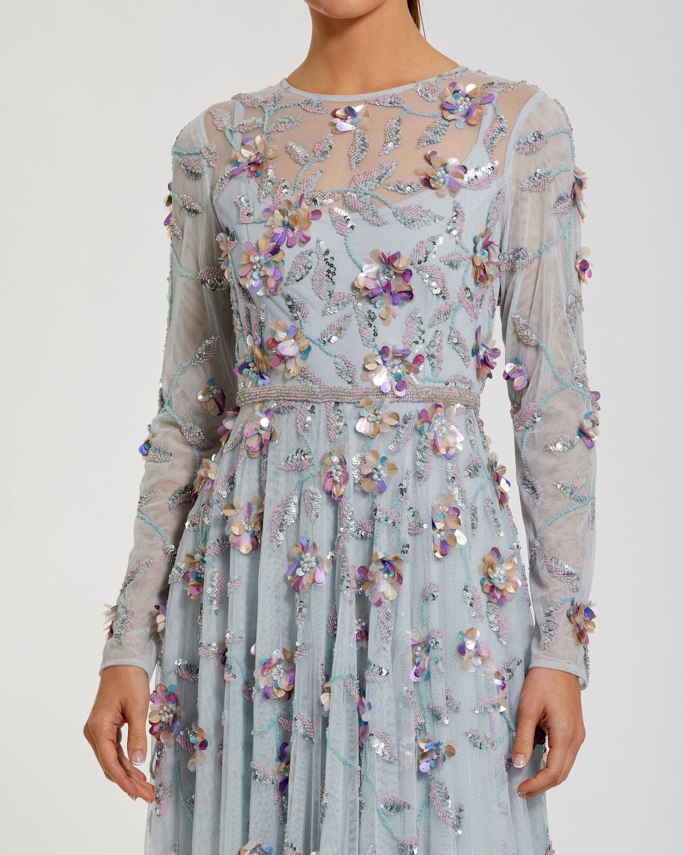 Light Blue Long Sleeve Floral Embellished Evening Gown Mac Duggal