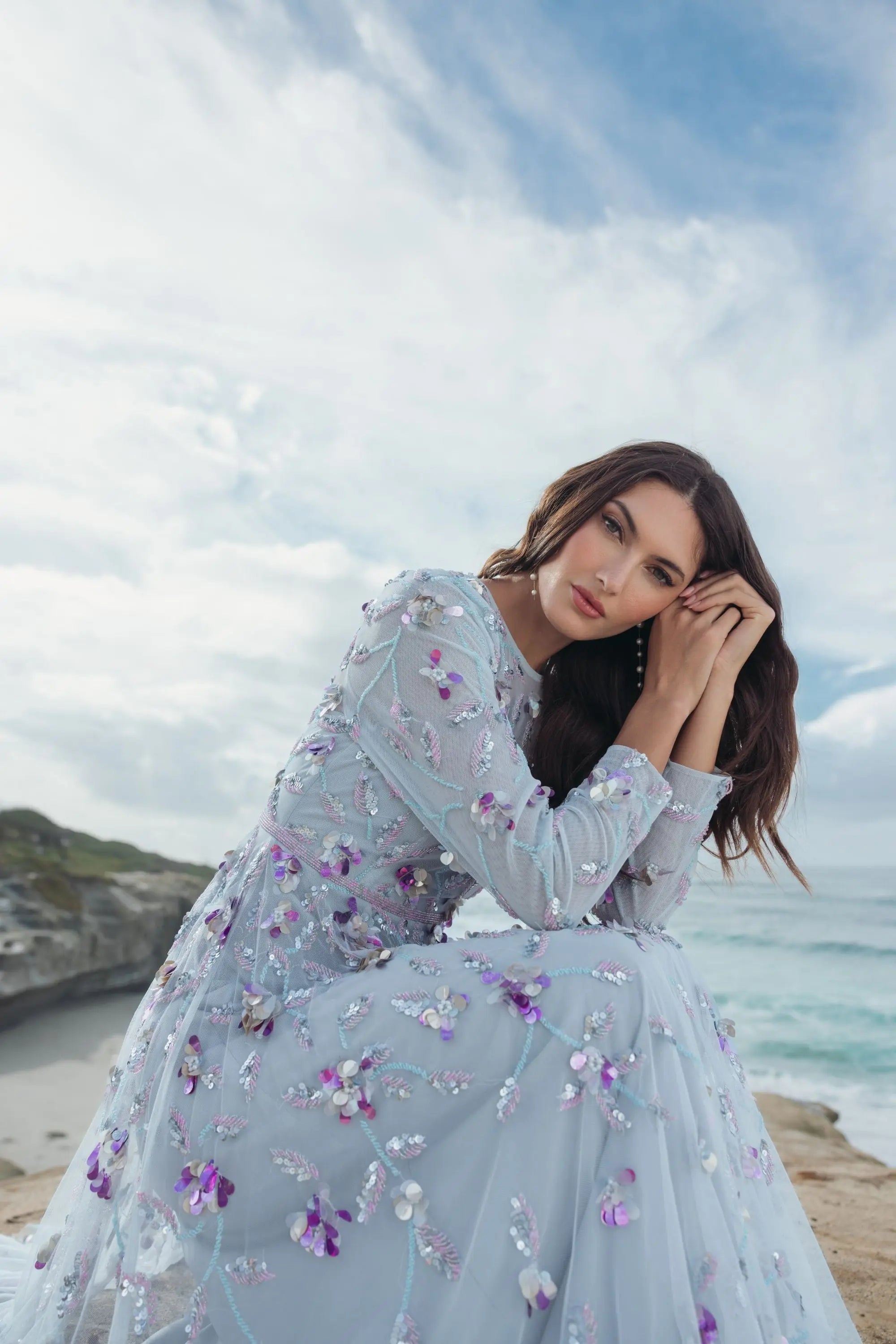 Light Blue Long Sleeve Floral Embellished Evening Gown Mac Duggal