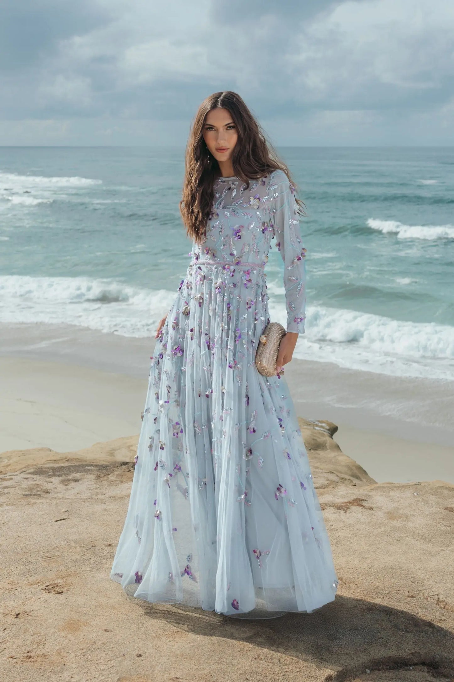 Light Blue Long Sleeve Floral Embellished Evening Gown