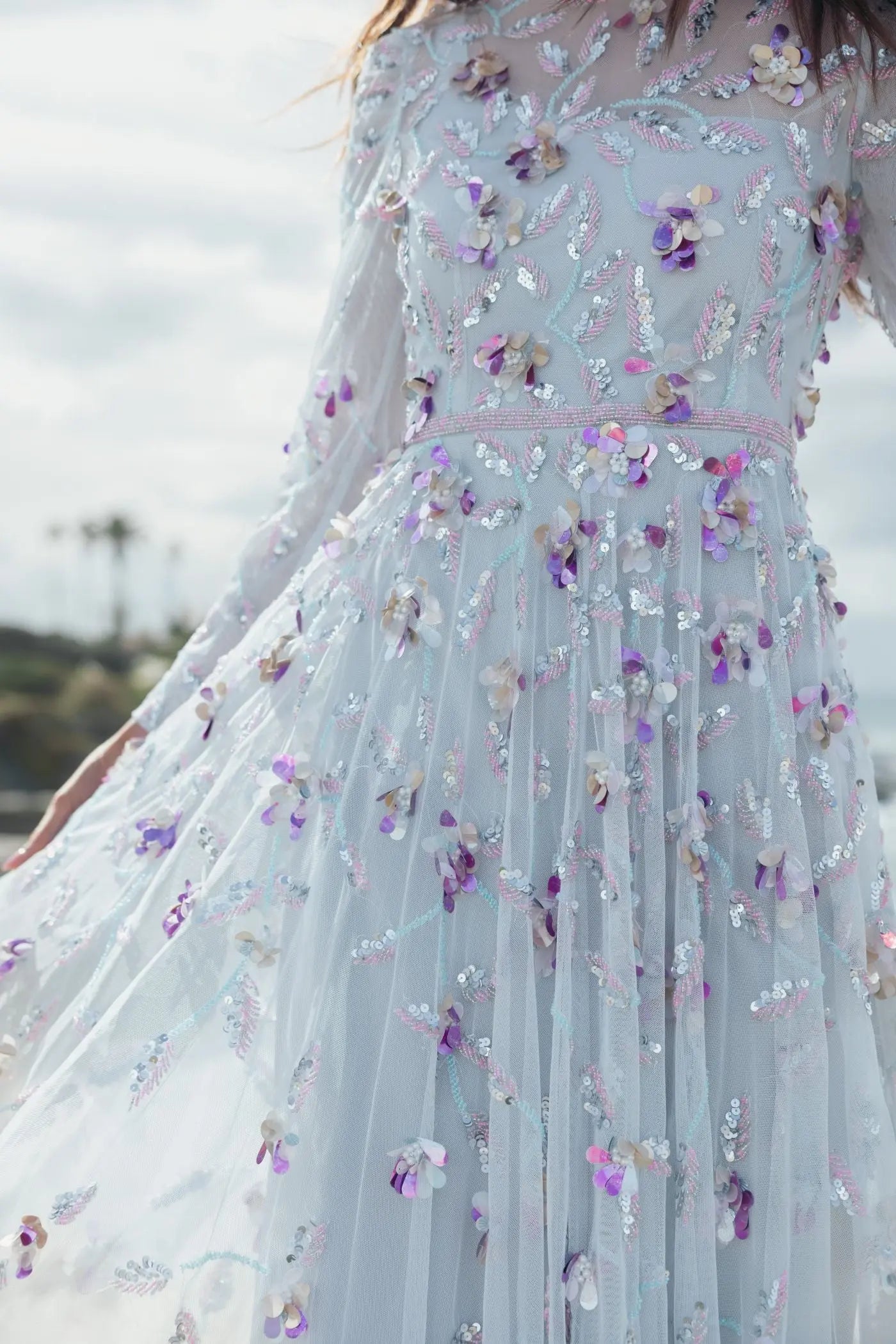 Light Blue Long Sleeve Floral Embellished Evening Gown