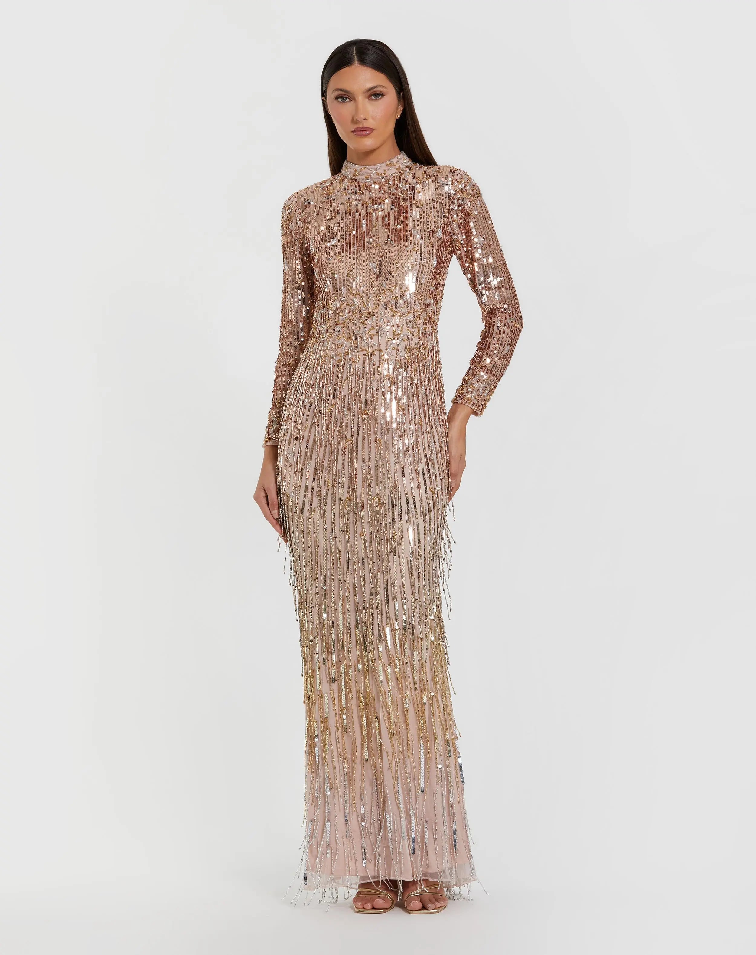 Pink Mock Neck Long Sleeve Fringe Embellished Column Gown - Mac Duggal