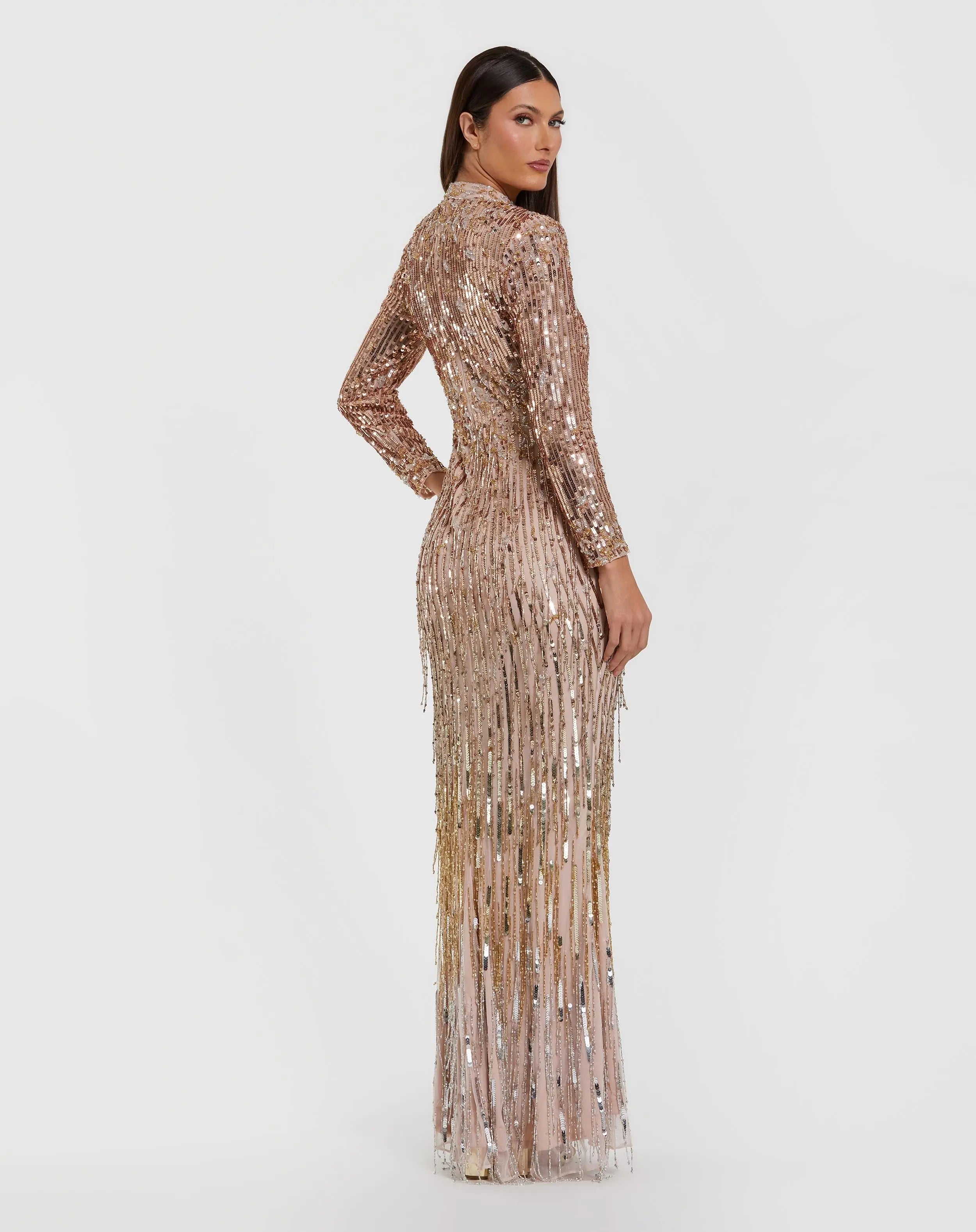 Pink Mock Neck Long Sleeve Fringe Embellished Column Gown - Mac Duggal