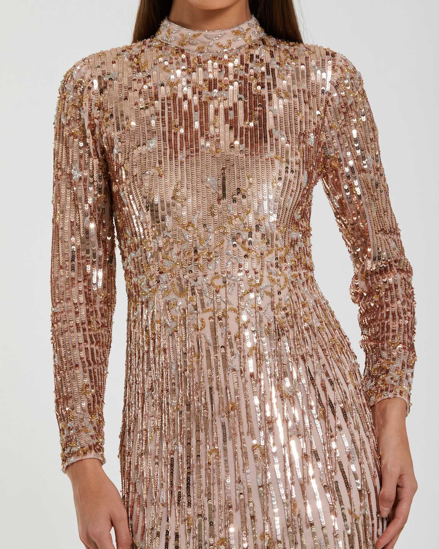 Mac Duggal - Pink Long Sleeve Fringe Embellished Column Gown - Gold Silver Ombre / US 14 Mac Duggal - Pink Long Sleeve Fringe Embellished Column Gown - Gold Silver Ombre / US 14