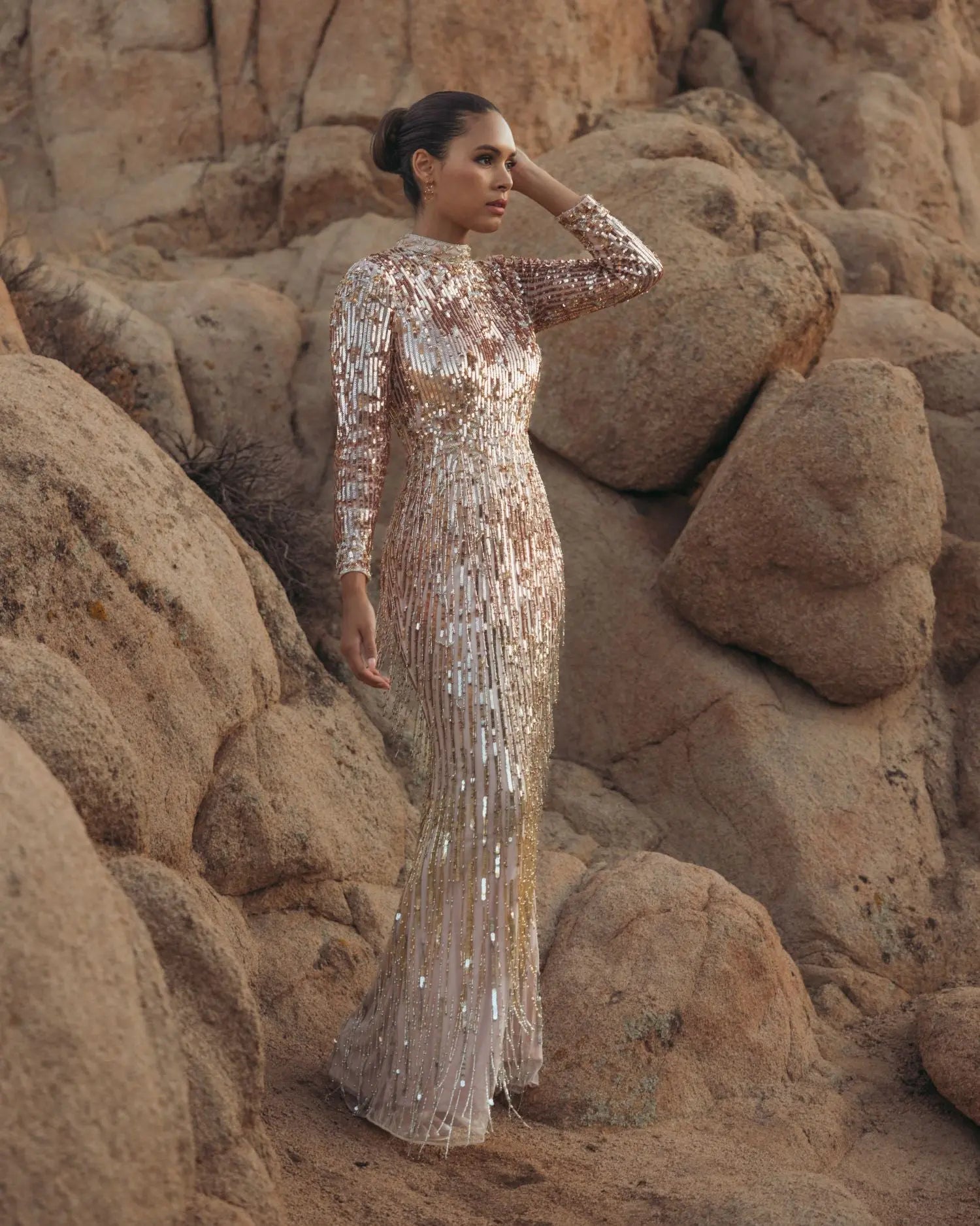 Mac Duggal - Pink Long Sleeve Fringe Embellished Column Gown