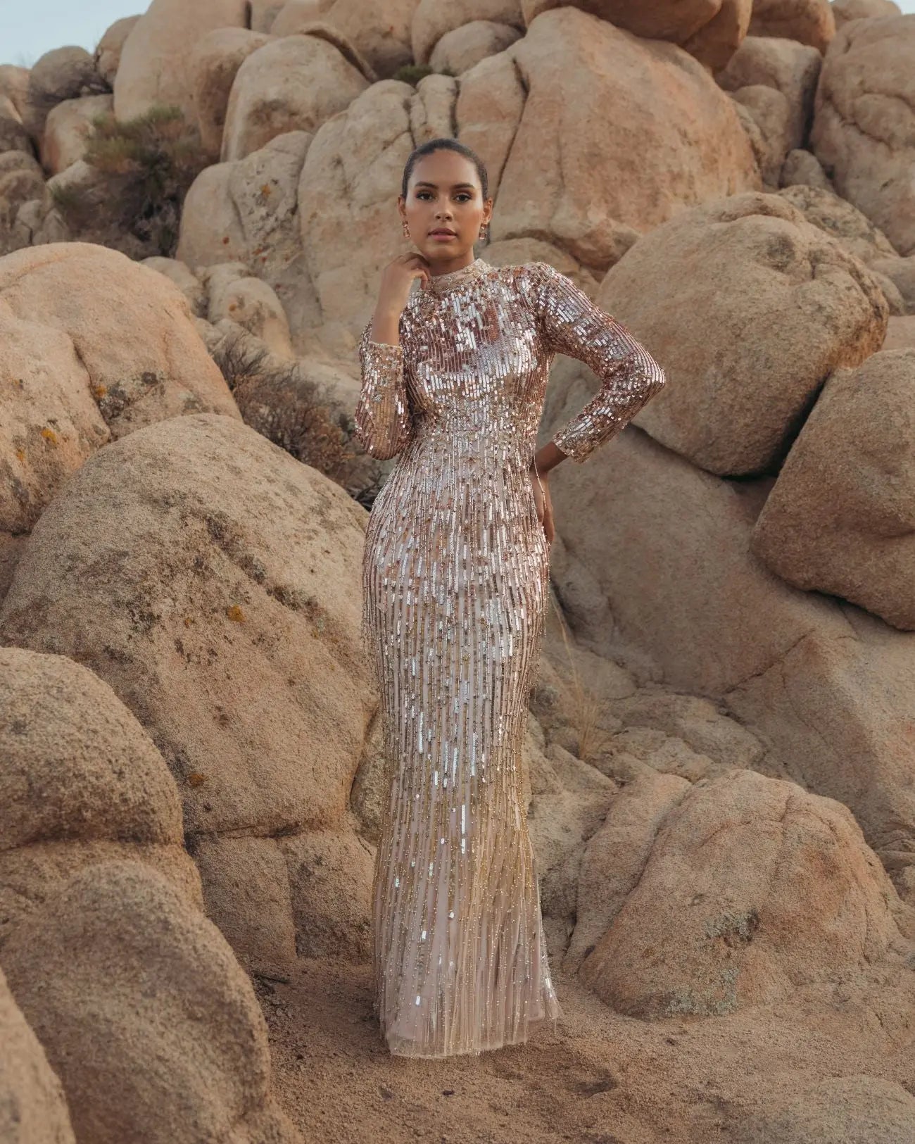 mac duggal pink dress long sleeve Mac Duggal - Pink Long Sleeve Fringe Embellished Column Gown