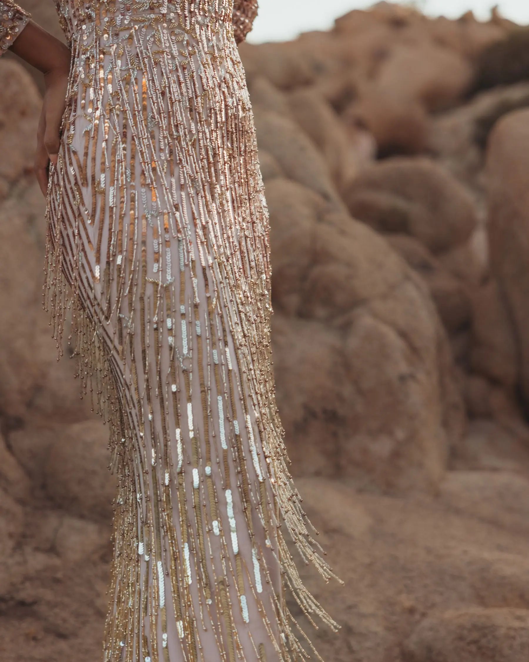 Mac Duggal - Pink Long Sleeve Fringe Embellished Column Gown
