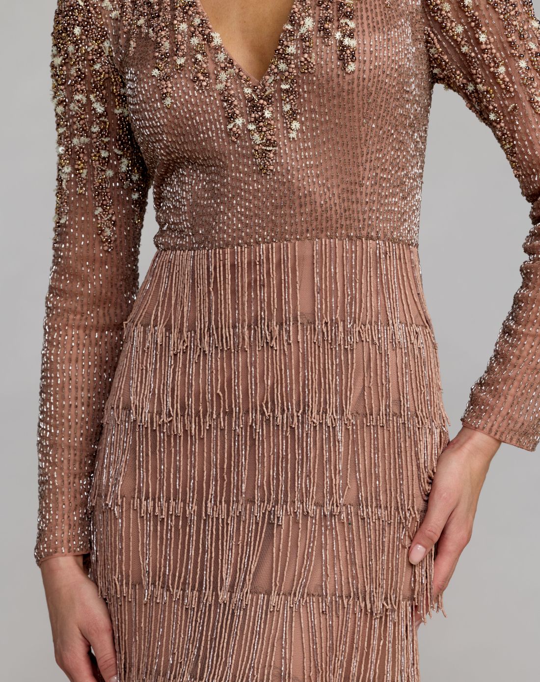 Brown Beaded Long Sleeve Fringe Column Gown - Mac Duggal