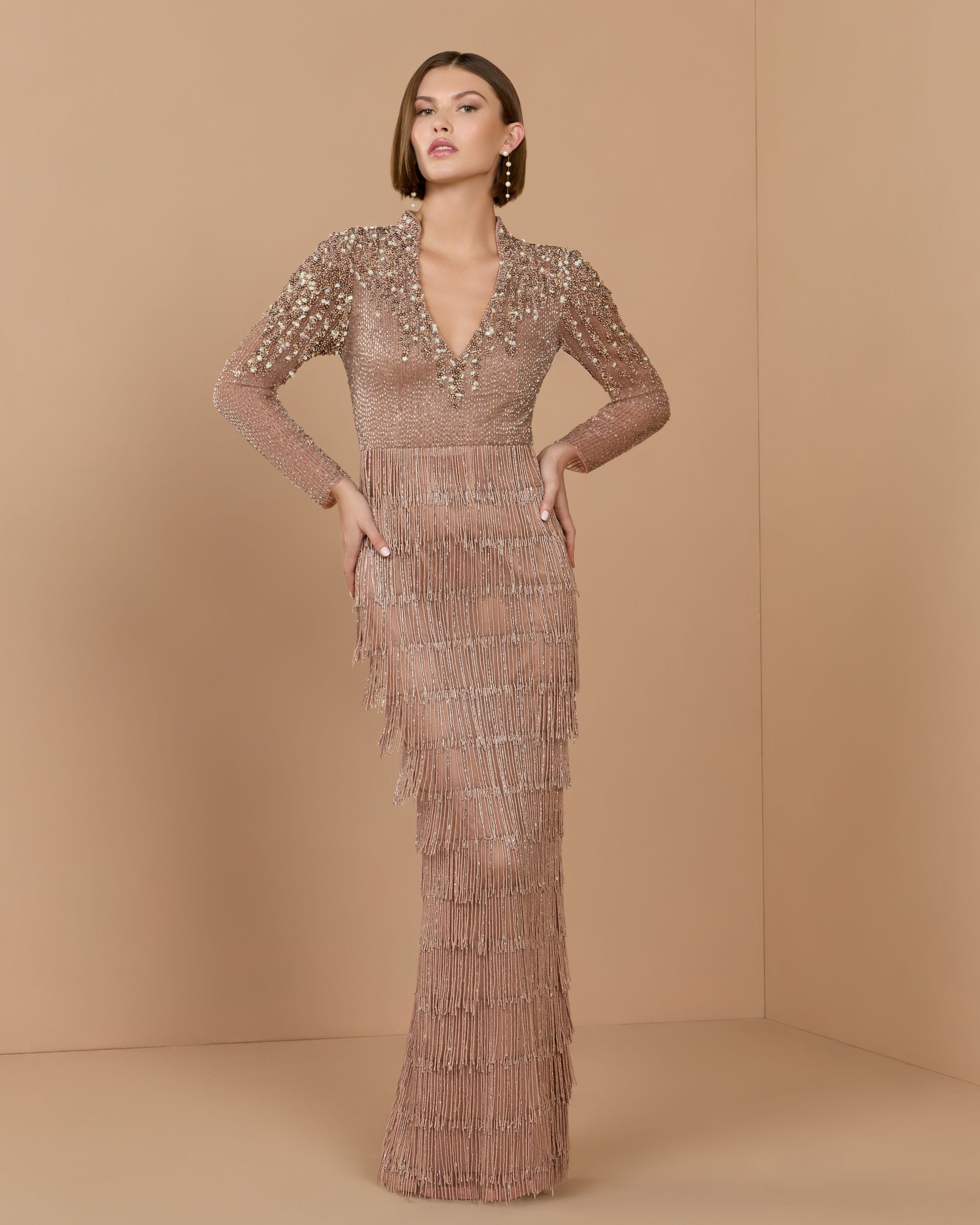 Brown Beaded Long Sleeve Fringe Column Gown - Mac Duggal
