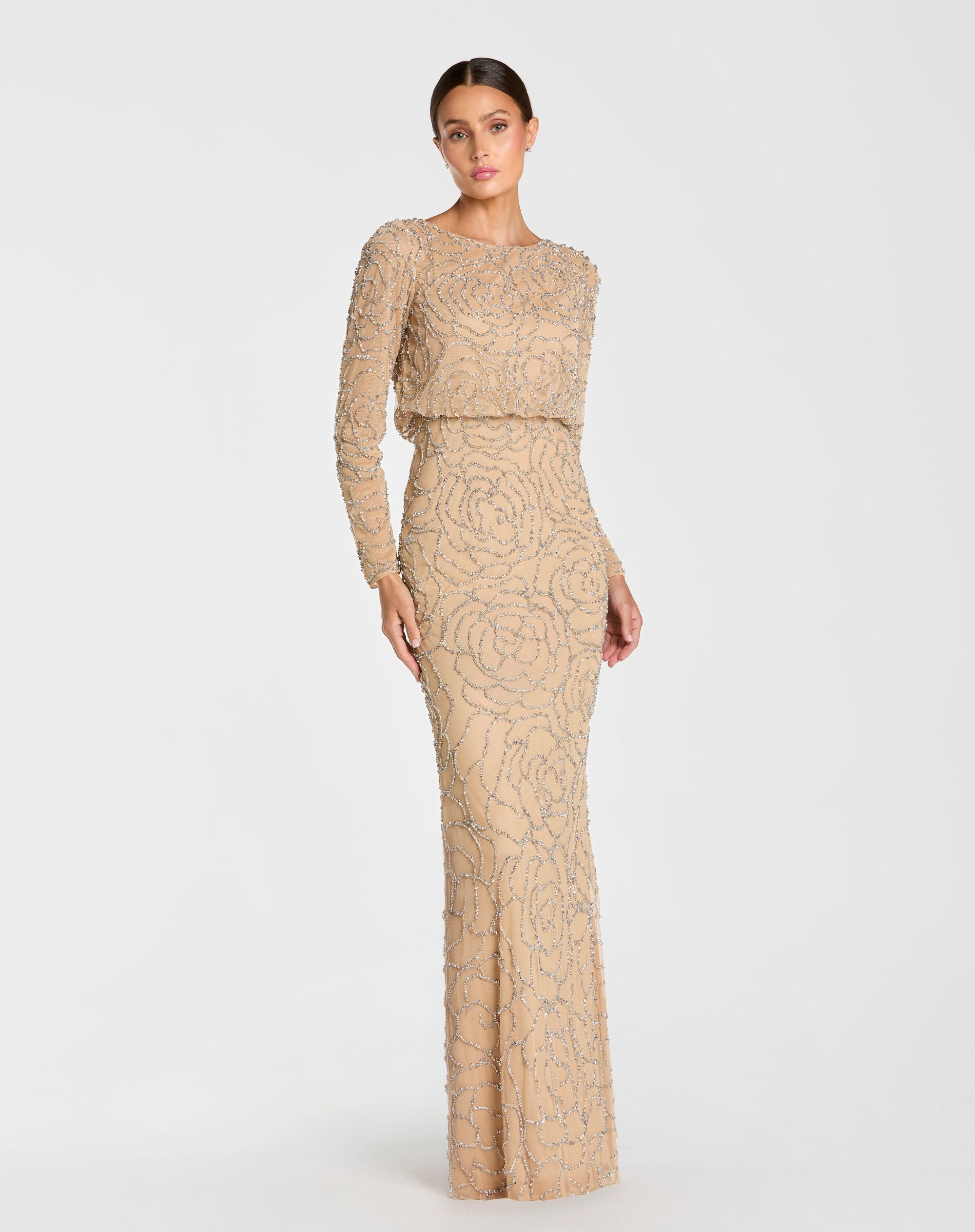 Beige Long Sleeve Beaded Blouson Gown - Mac Duggal