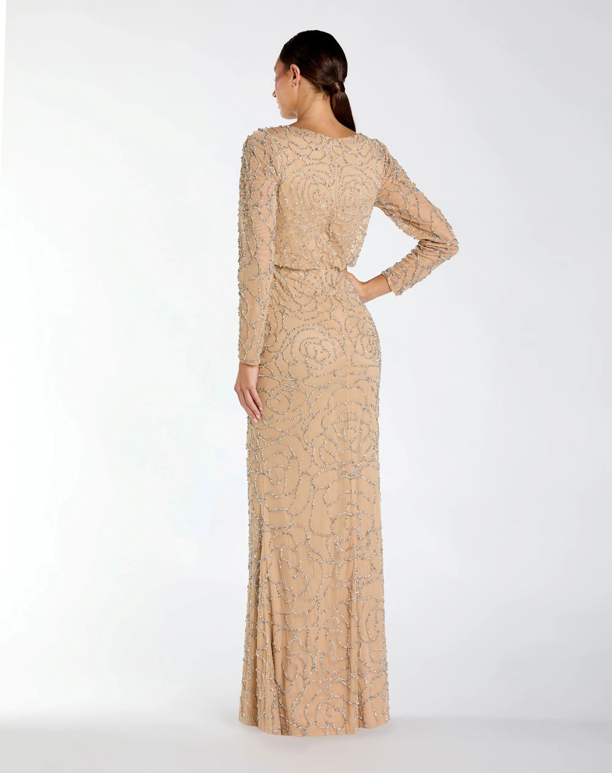 Beige Long Sleeve Beaded Blouson Gown - Mac Duggal