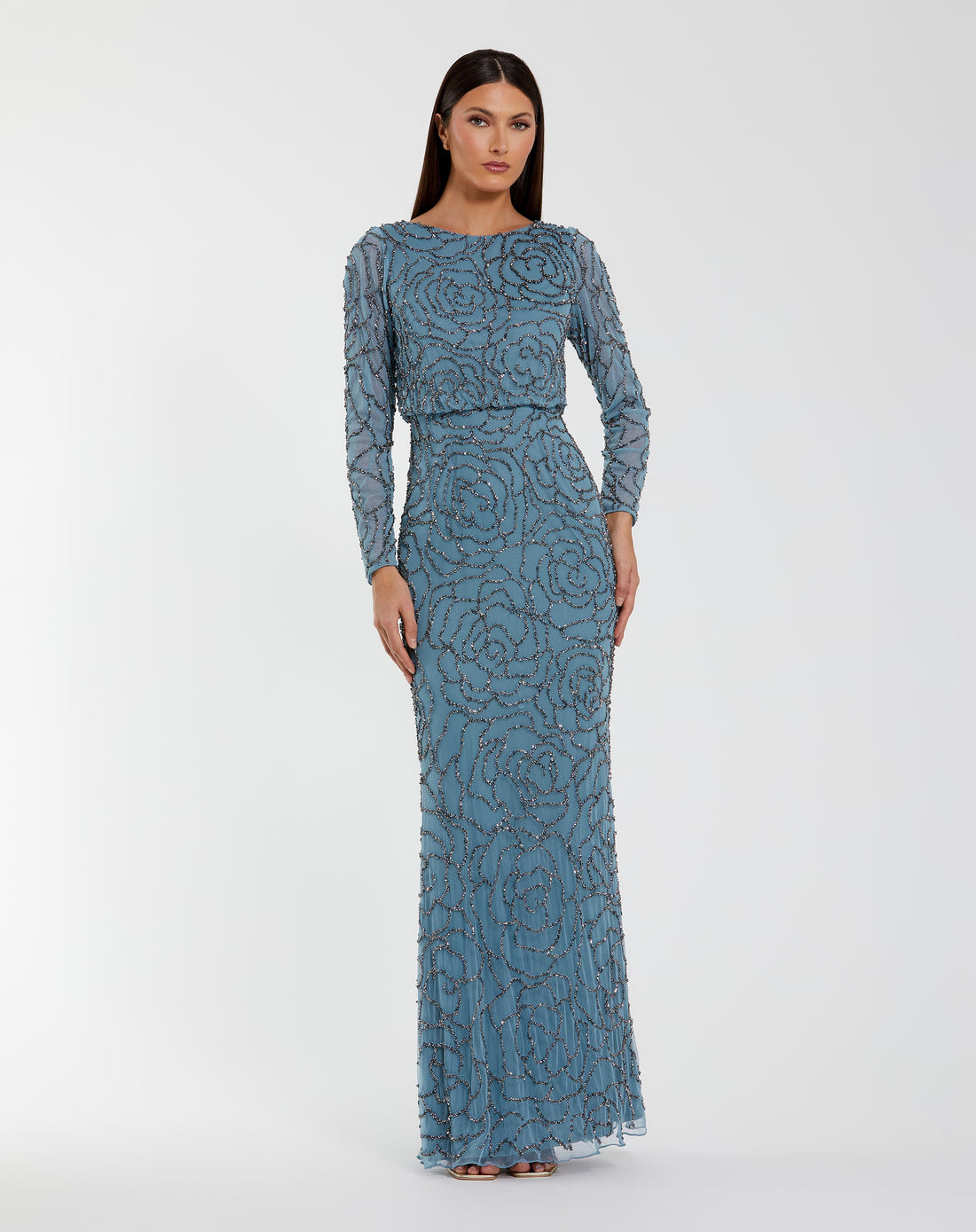 Beaded Mesh Long Sleeve Blouson Top Gown Mac Duggal