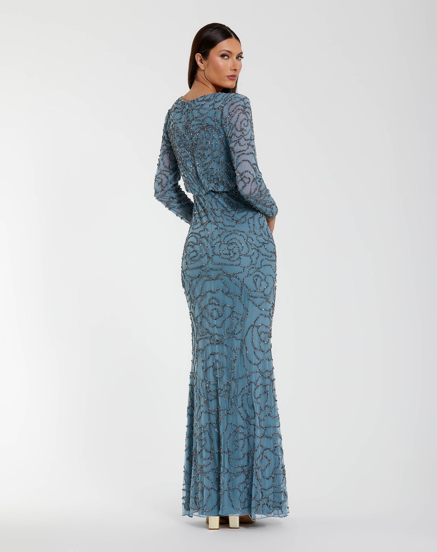 Beaded Mesh Long Sleeve Blouson Top Gown