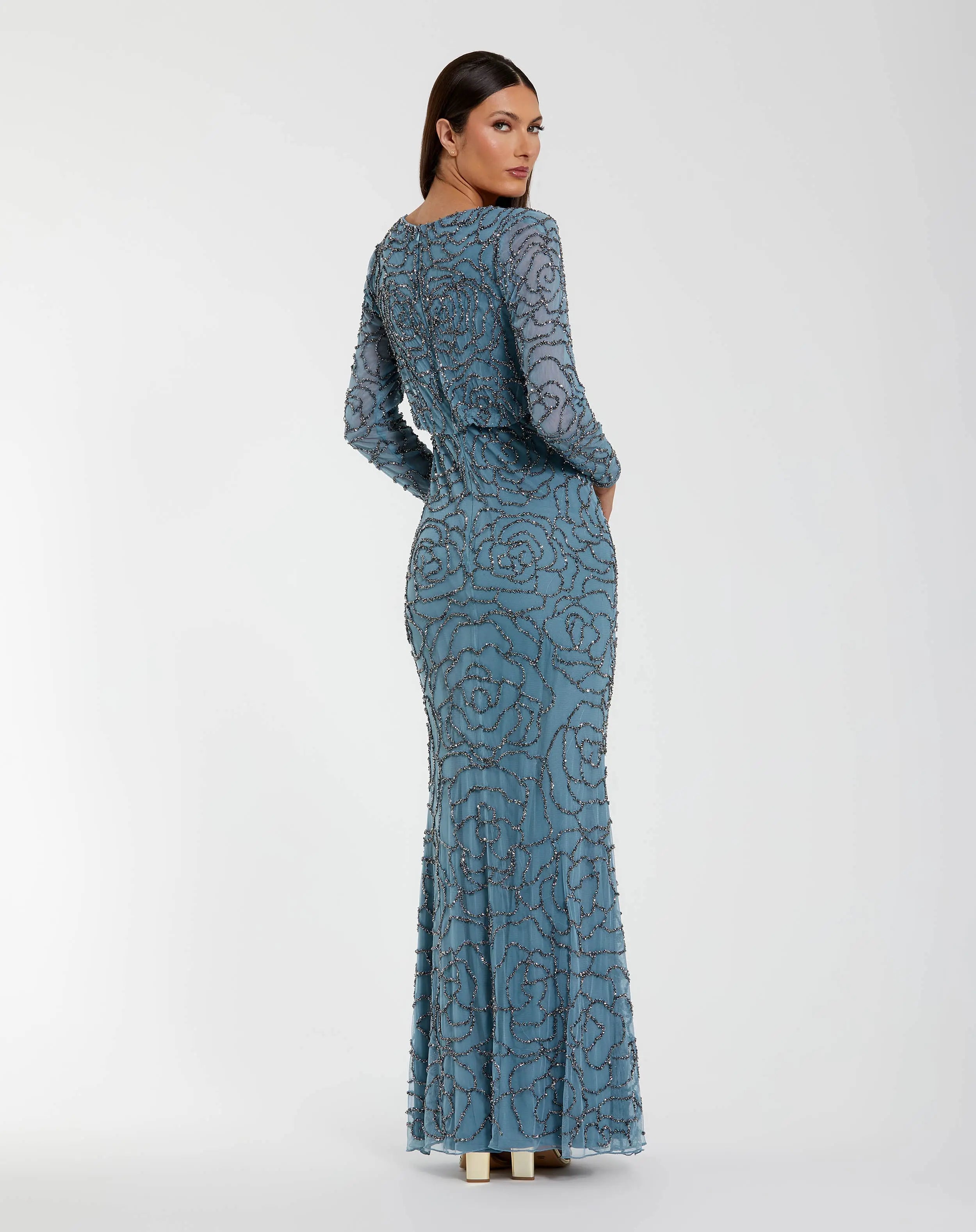Beaded Mesh Long Sleeve Blouson Top Gown