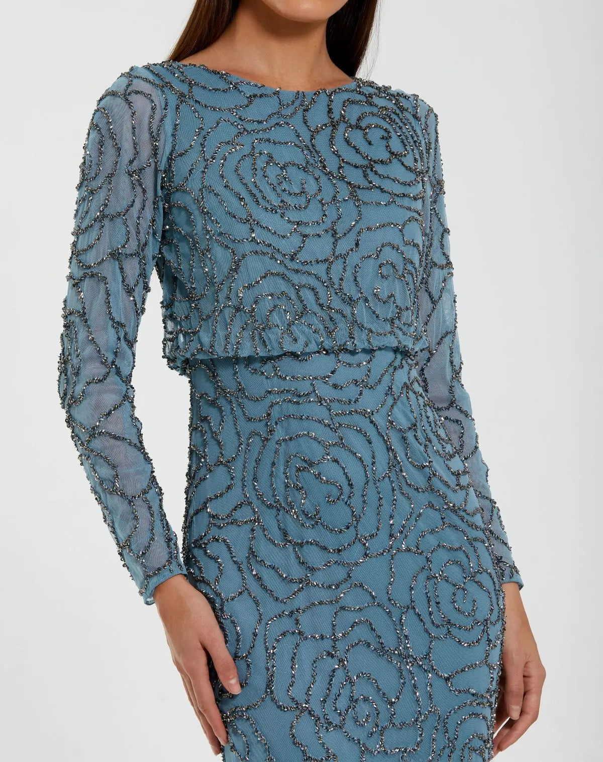 Mac Duggal - Blue Long Sleeve Beaded Blouson Gown - US 6 Mac Duggal - Blue Long Sleeve Beaded Blouson Gown - US 6