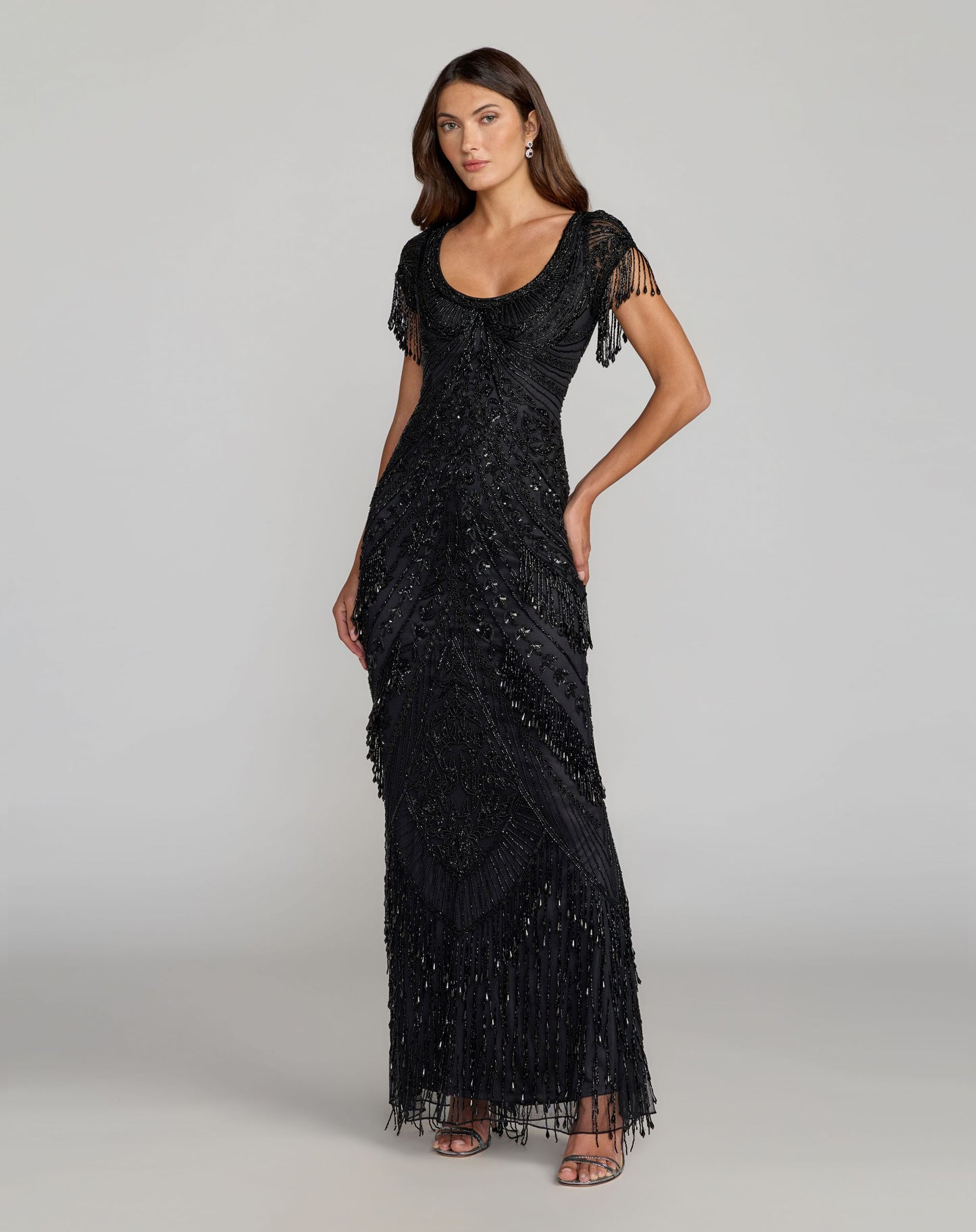 Black Cap Sleeve Beaded Fringe Column Gown Mac Duggal