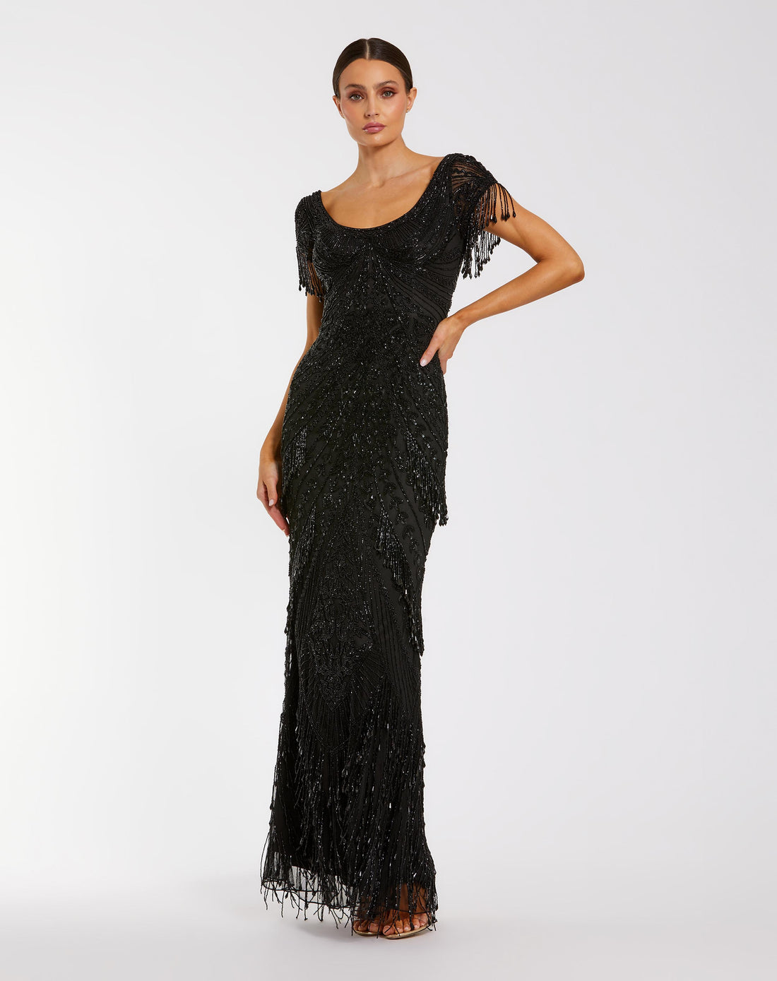 Black Cap Sleeve Beaded Fringe Column Gown - Mac Duggal