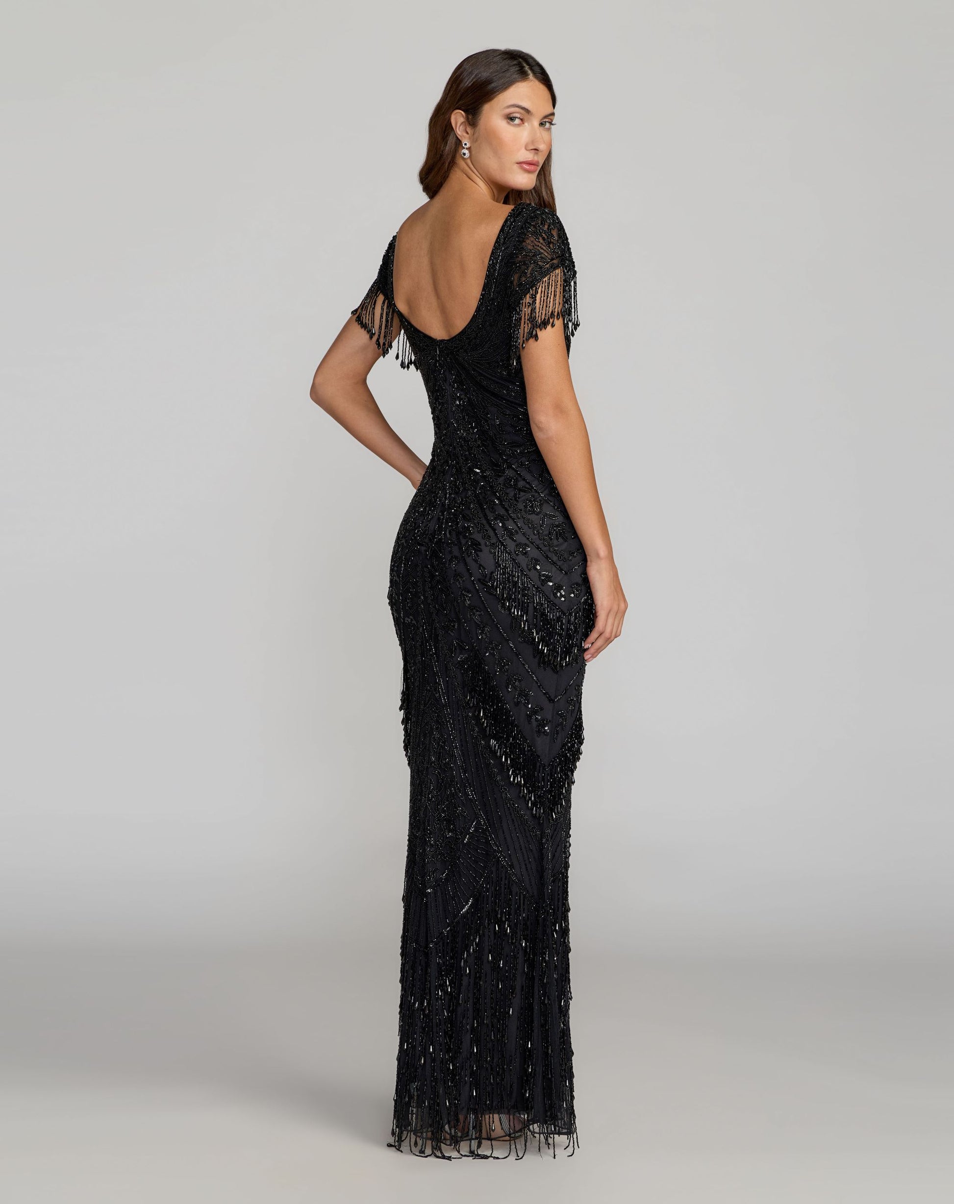 Black Cap Sleeve Beaded Fringe Column Gown - Mac Duggal