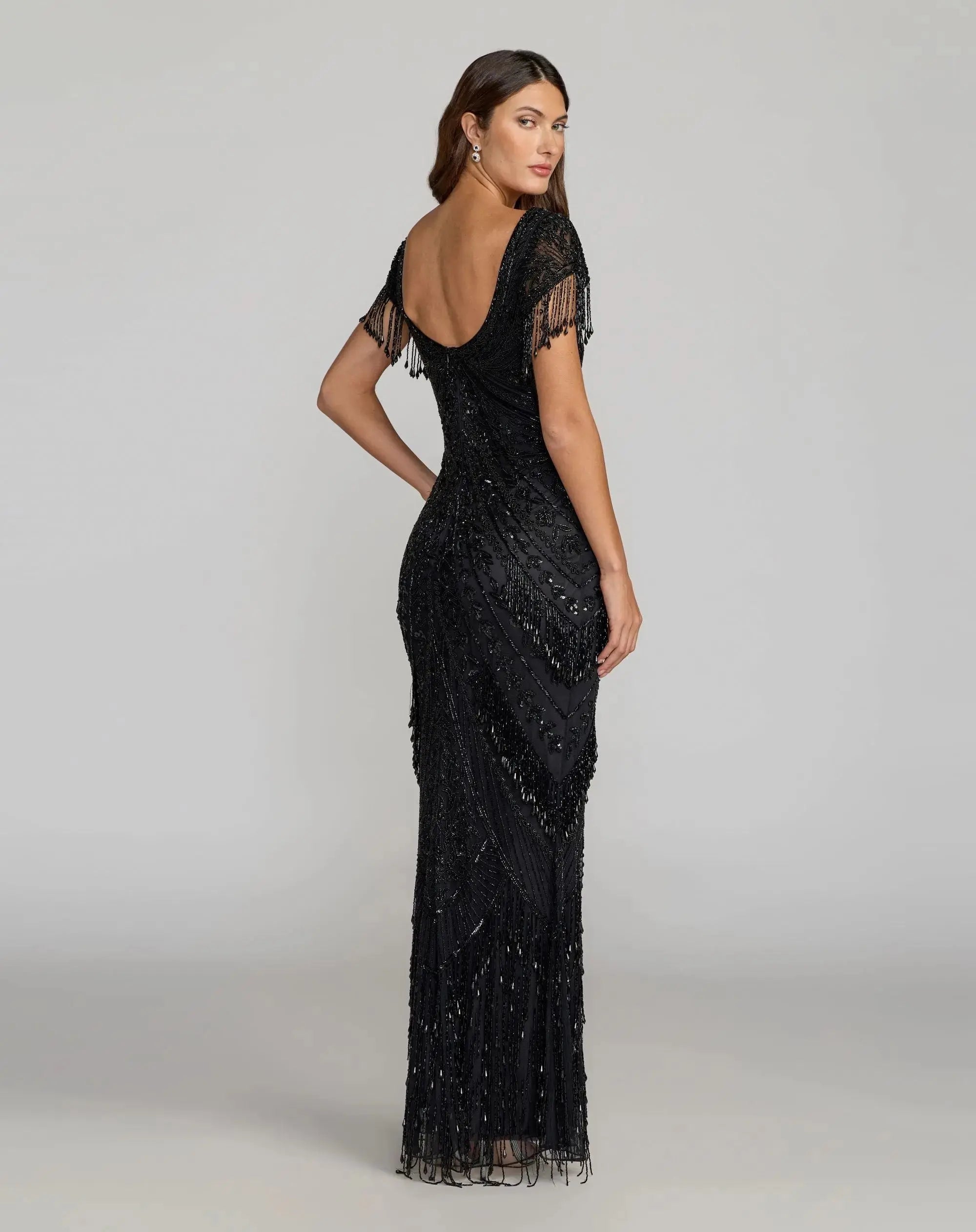 Black Cap Sleeve Beaded Fringe Column Gown Mac Duggal