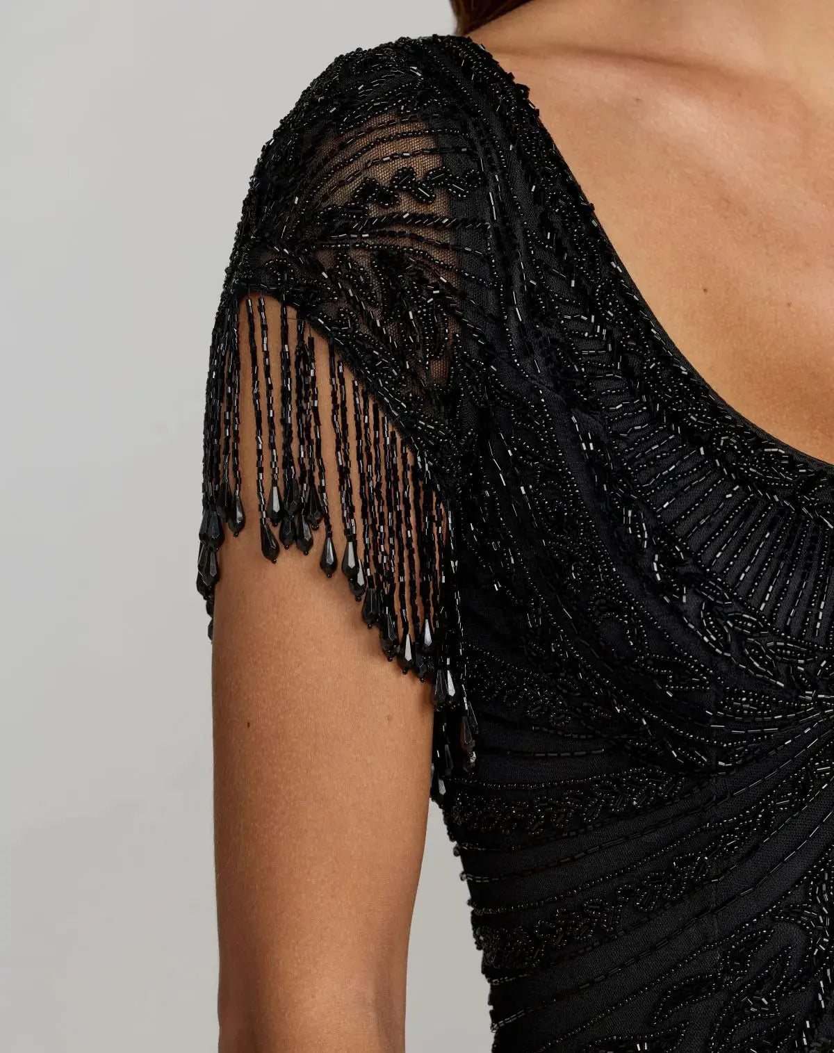Black Cap Sleeve Beaded Fringe Column Gown Mac Duggal