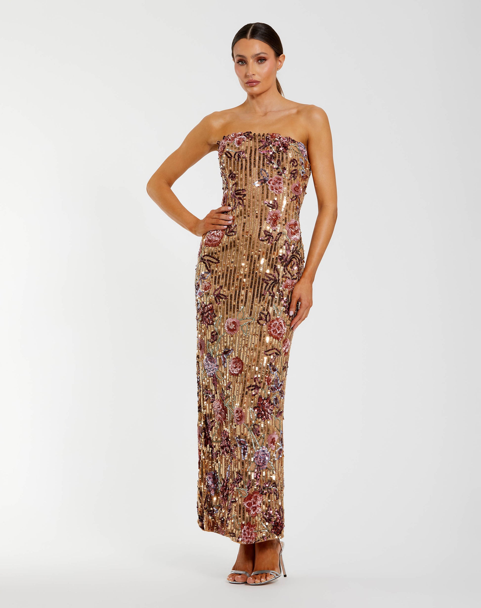Gold Floral Embellished Strapless Column Dress - Mac Duggal