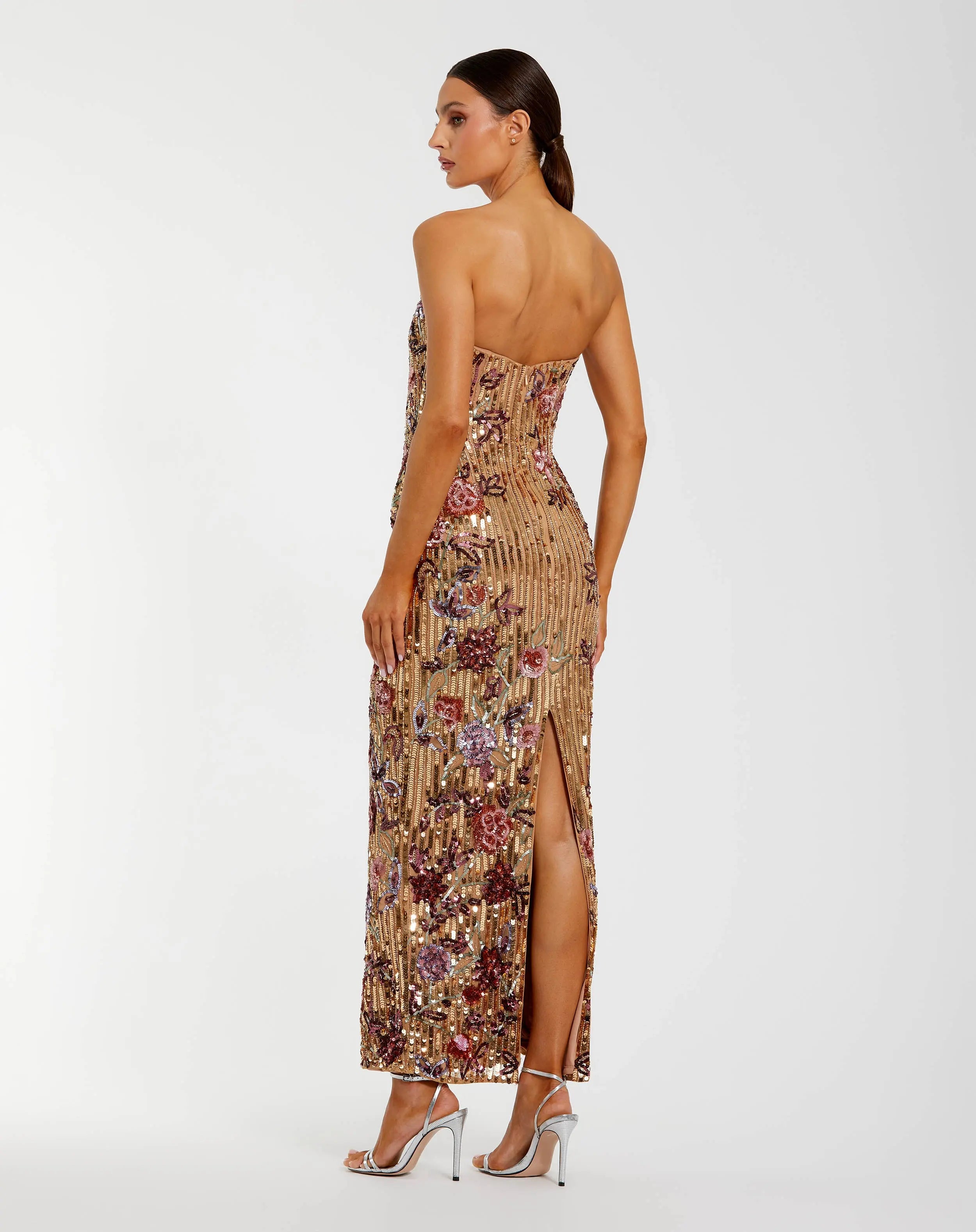 Gold Floral Embellished Strapless Column Dress - Mac Duggal