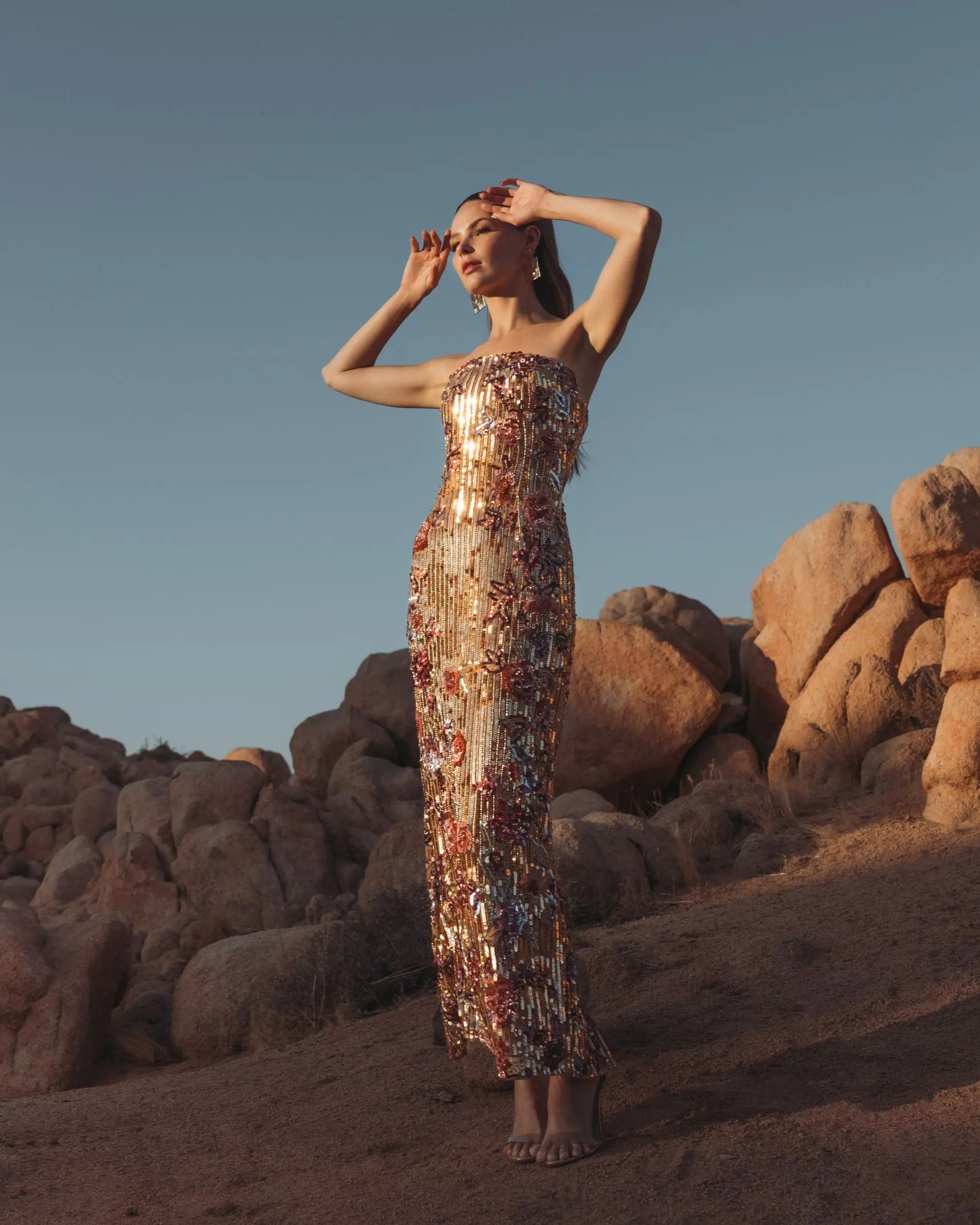 Gold Floral Embellished Strapless Column Dress - Mac Duggal