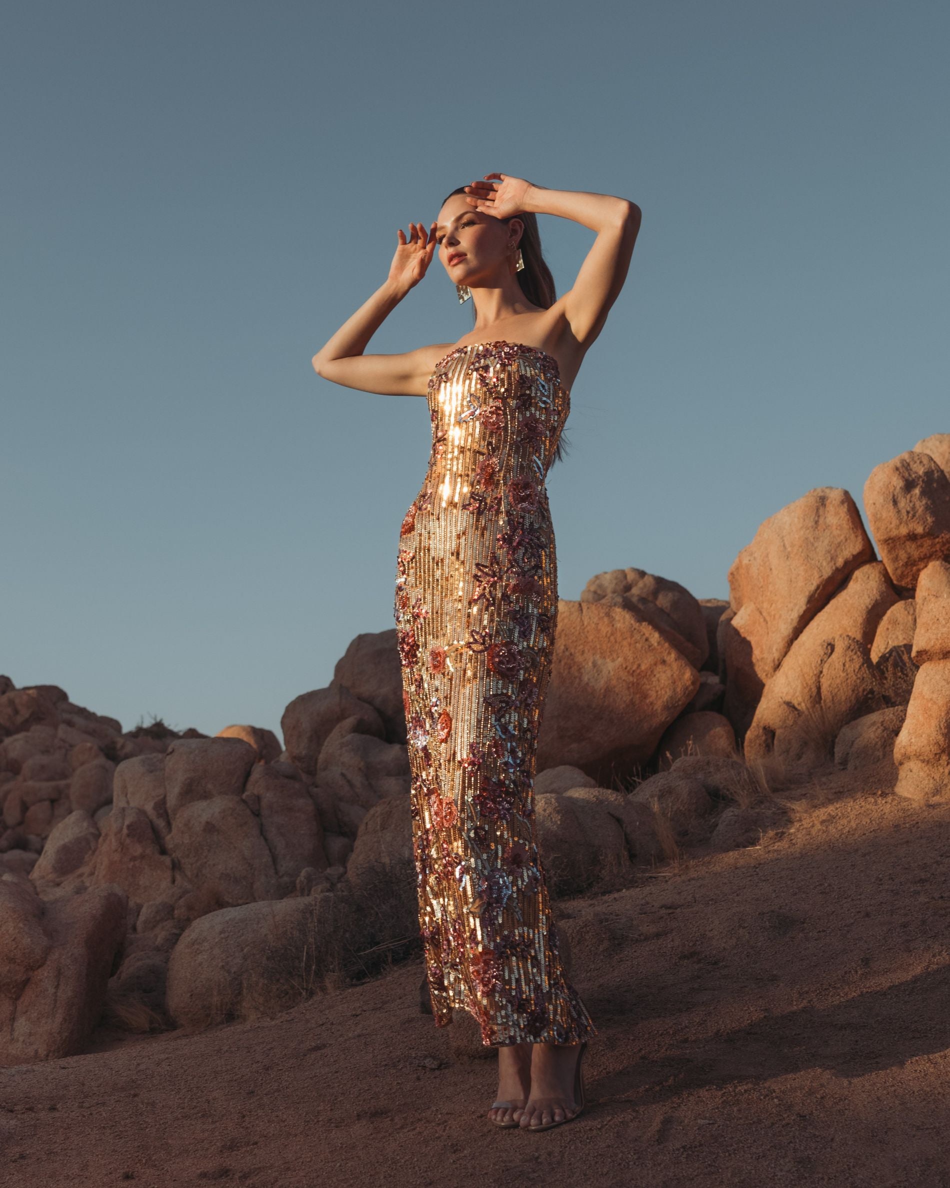 Gold Floral Embellished Strapless Column Dress - Mac Duggal