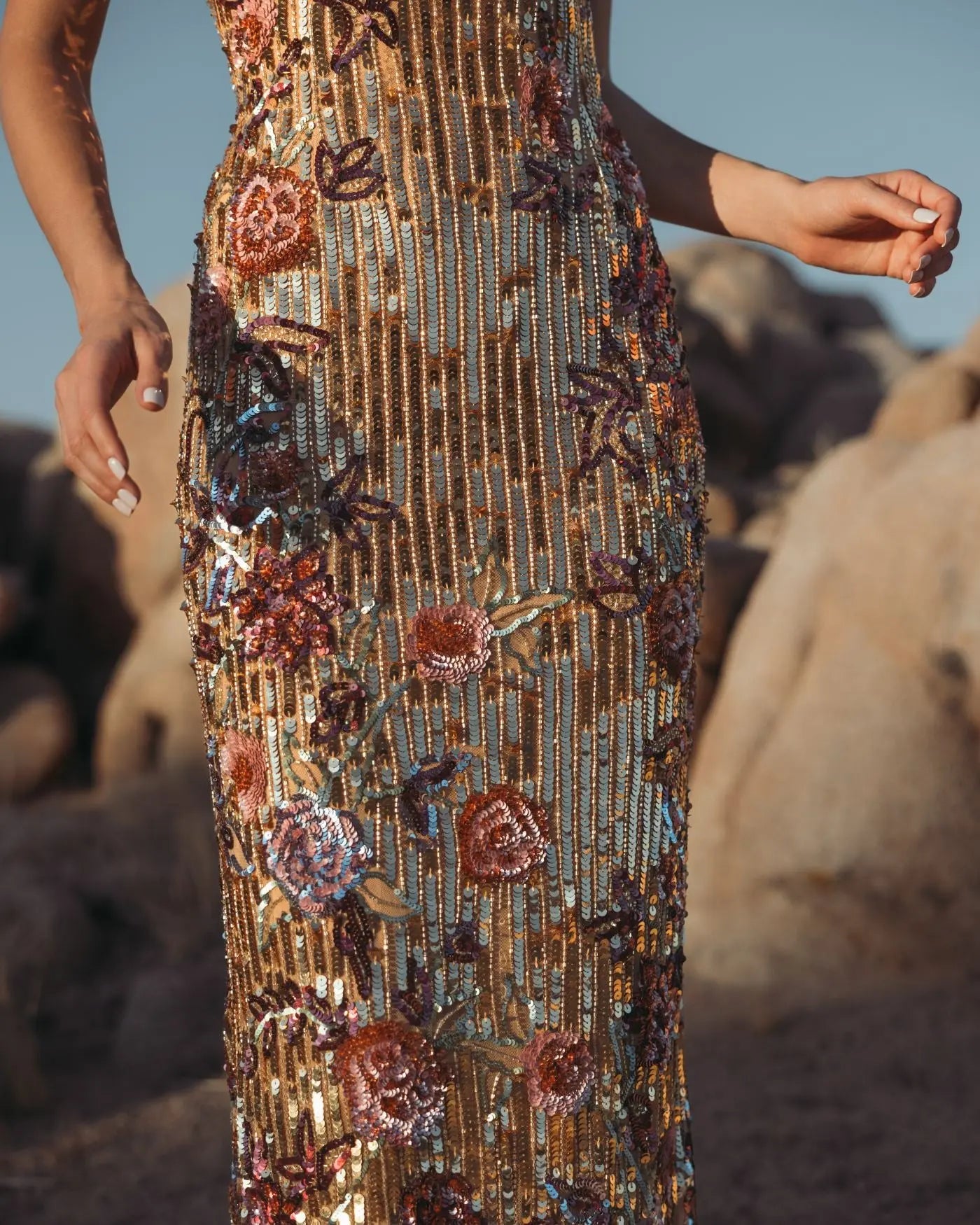 Gold Floral Embellished Strapless Column Dress - Mac Duggal