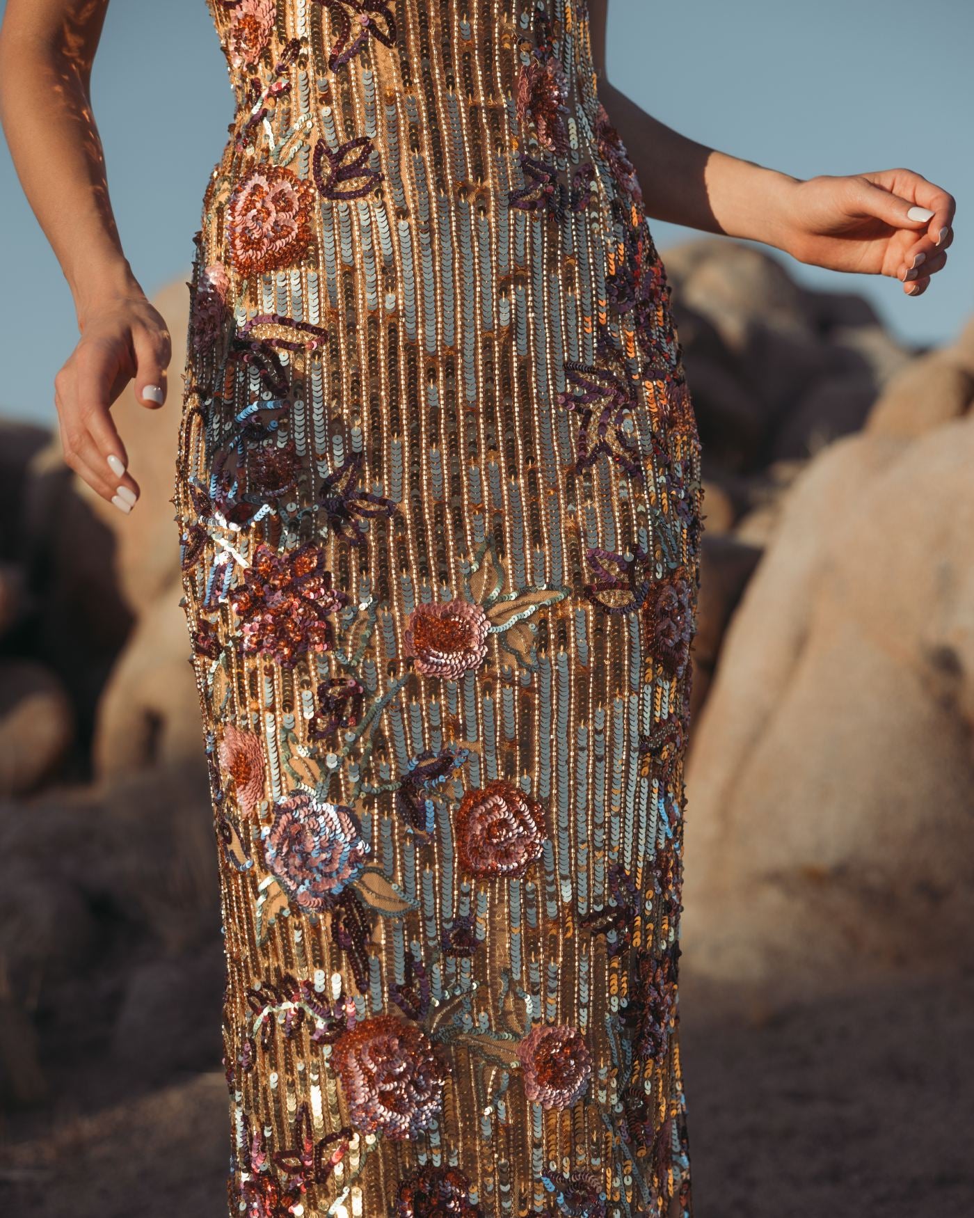 Gold Floral Embellished Strapless Column Dress - Mac Duggal