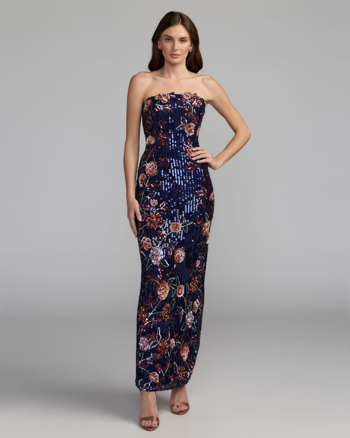 Midnight Multi Floral Embellished Strapless Column Dress - Mac Duggal