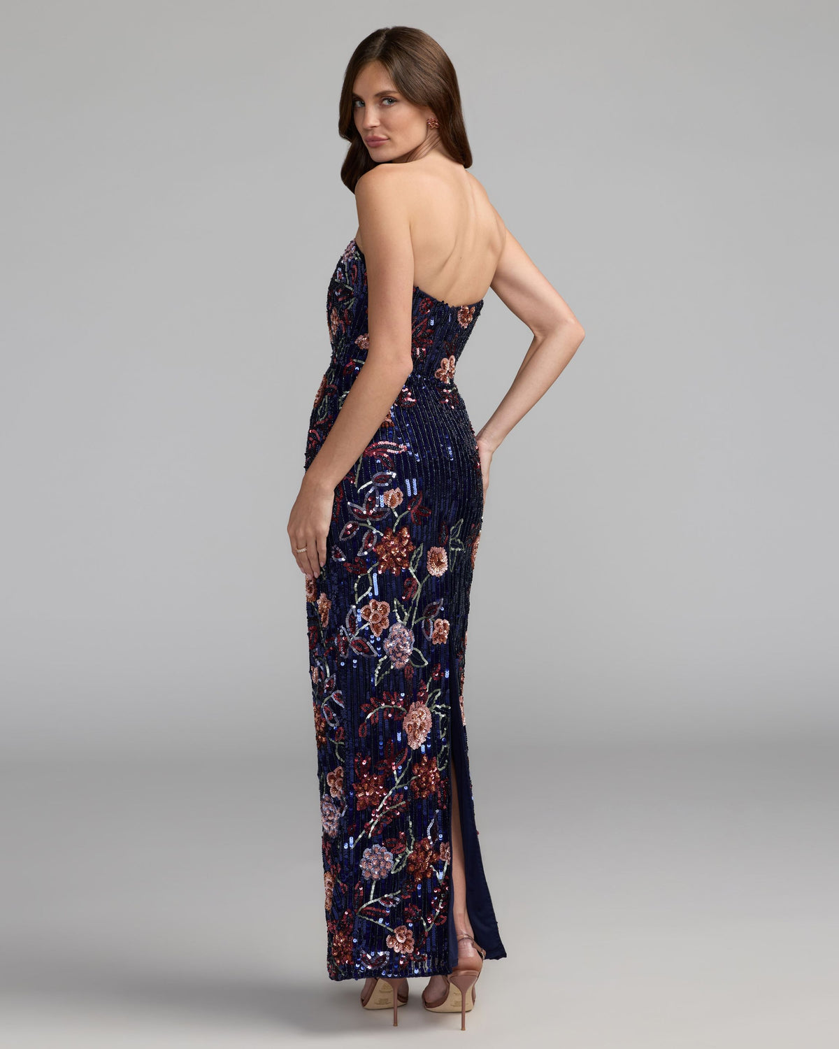 Midnight Multi Floral Embellished Strapless Column Dress - Mac Duggal