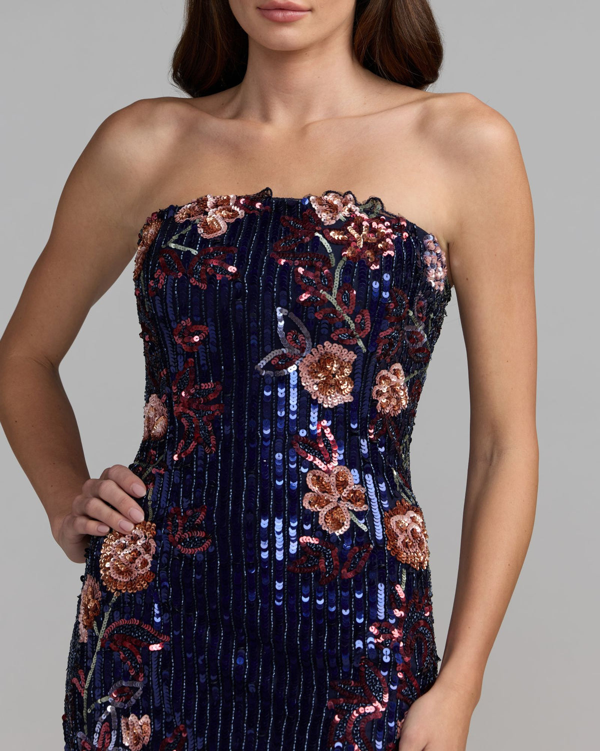 Midnight Multi Floral Embellished Strapless Column Dress - Mac Duggal