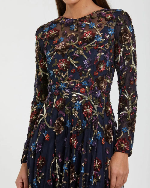 Navy Beaded Long Sleeve High Neck A-Line Gown Mac Duggal