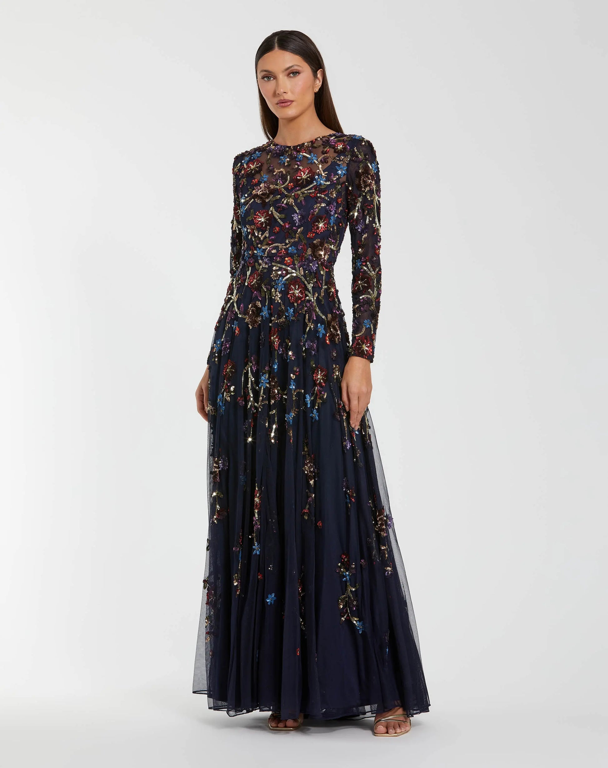 Navy Beaded Long Sleeve High Neck A-Line Gown | Mac Duggal Navy Beaded Long Sleeve High Neck A-Line Gown | Mac Duggal
