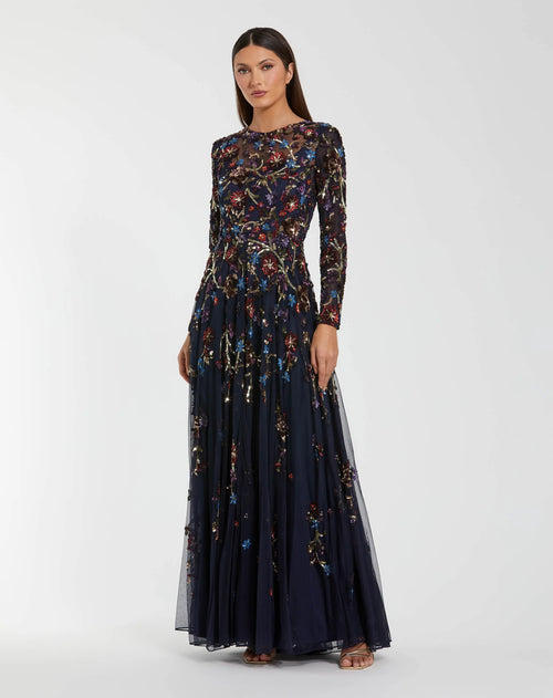 Navy Beaded Long Sleeve High Neck A-Line Gown - Mac Duggal