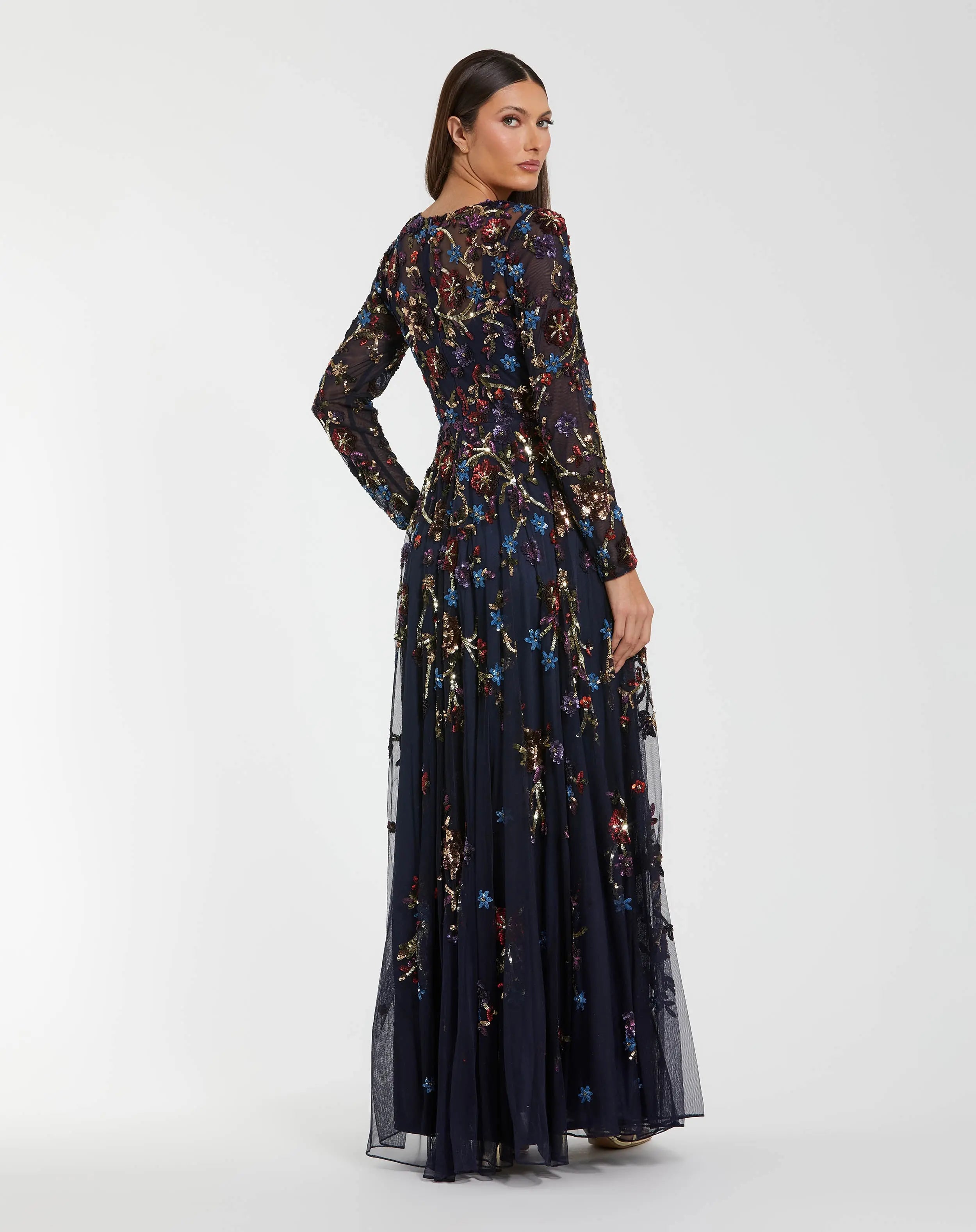 Navy Beaded Long Sleeve High Neck A-Line Gown - Mac Duggal