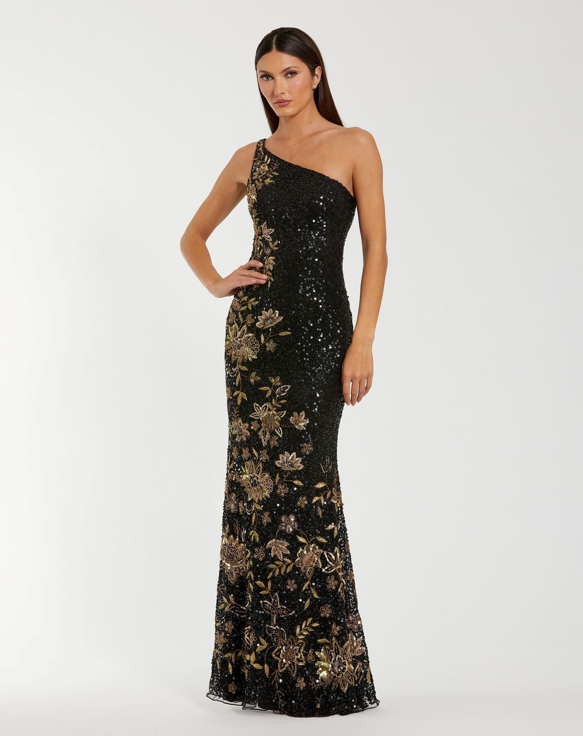 Black Beaded One Shoulder Sequin Mermaid Gown