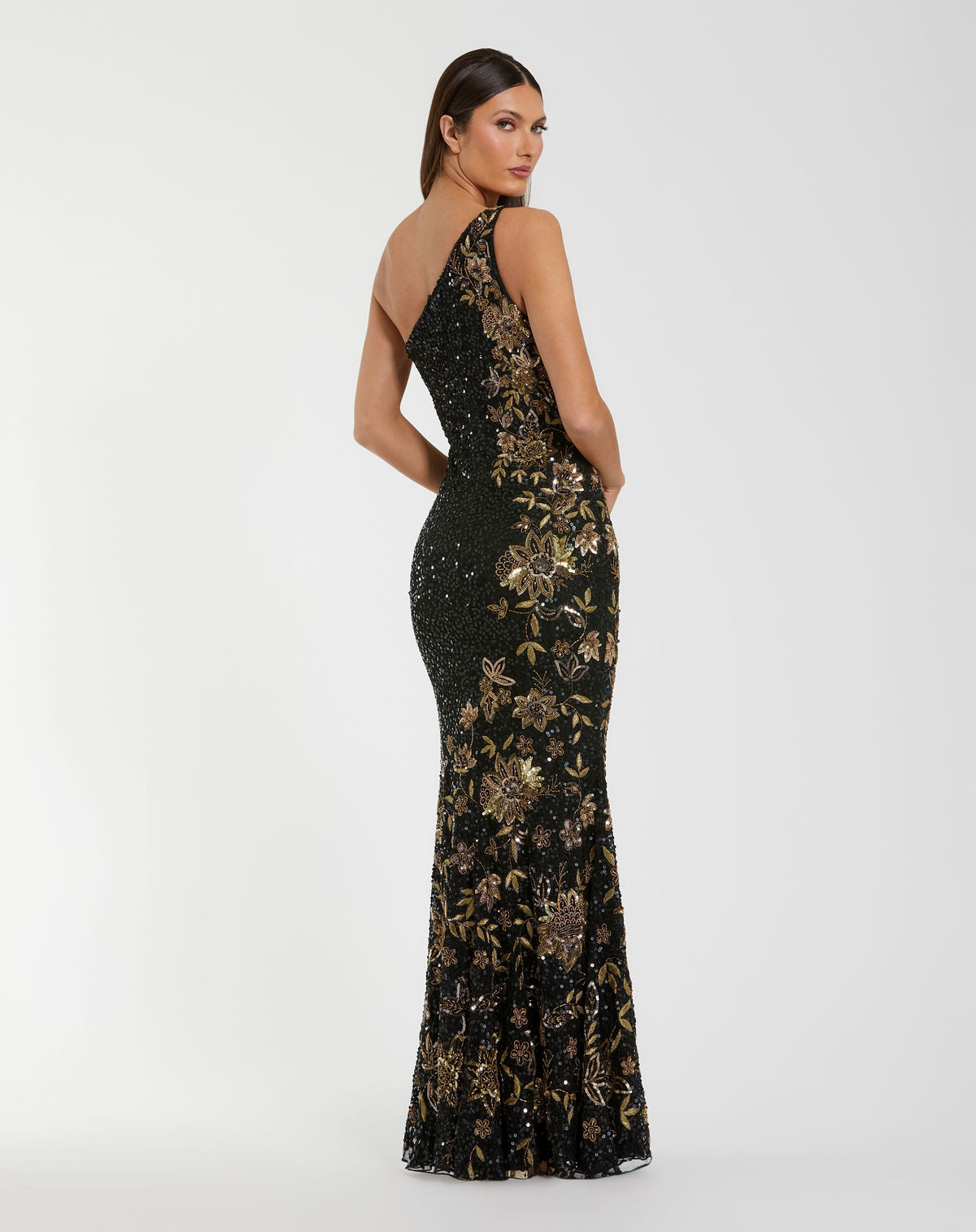 Black Beaded One Shoulder Sequin Mermaid Gown